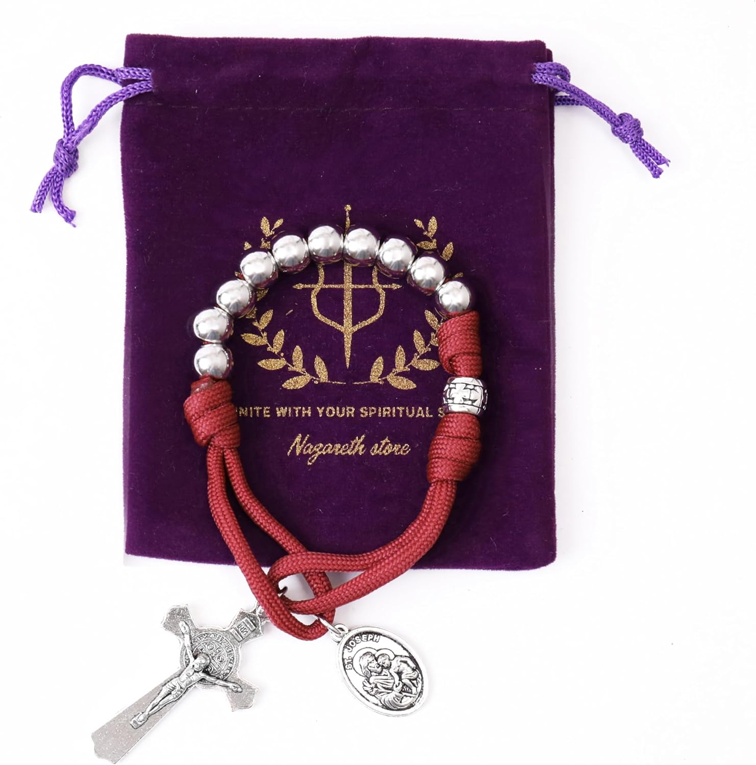 Nazareth Store Strong Military One Decade Paracord Rosary Silver Beads Pocket Car Rosary Pray For Us St. Joseph Medal & St. Benedict Cross - Image 3