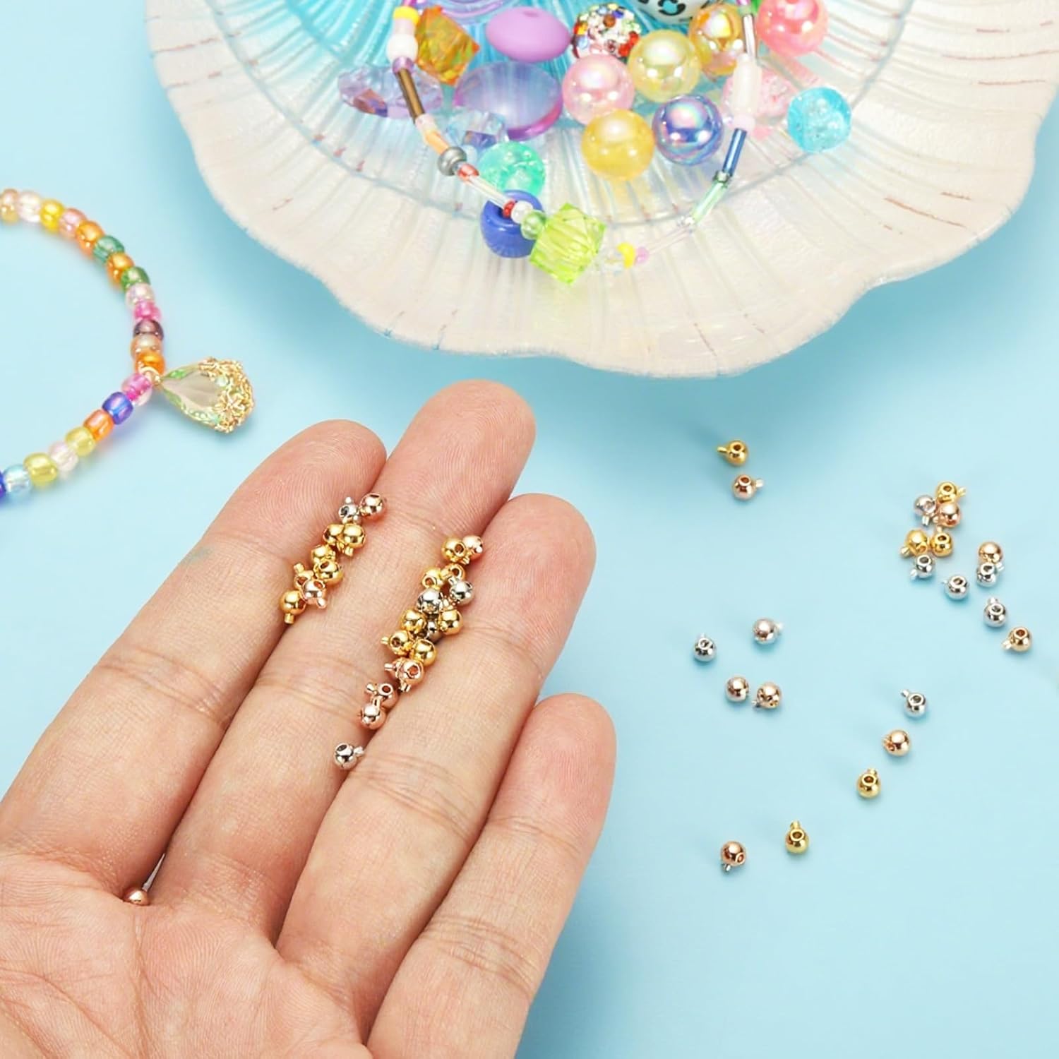 uxcell 20 Pcs Round Crimp Beads, 3.2mm Copper Spacer Beads Connectors Loose Beading Findings End Stopper for Earrings Necklaces Bracelets Pendant DIY Crafts, White - Image 3