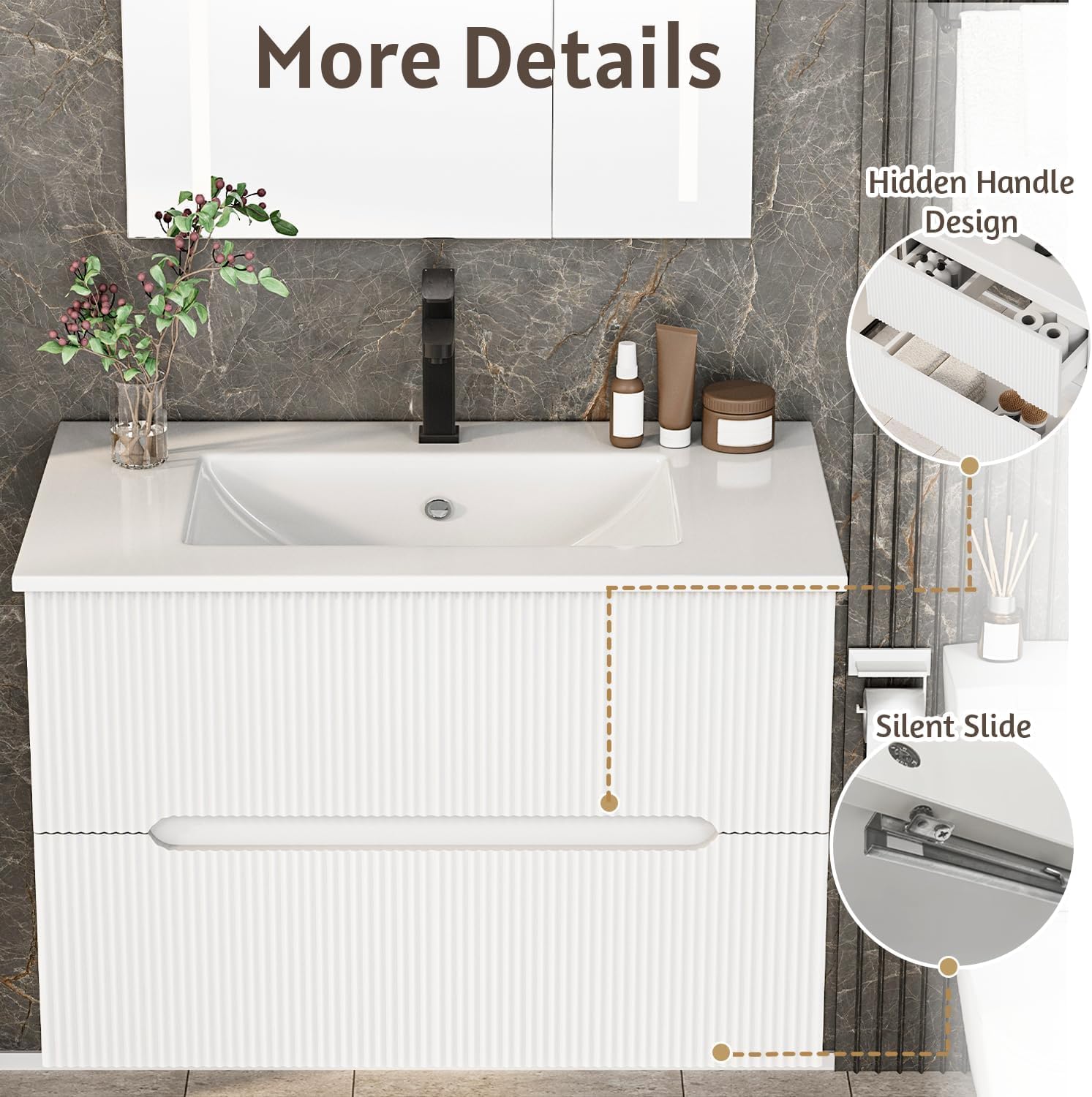 EROMMY 30 Inch Bathroom Vanity with Sink, Floating Bathroom Vanity with Ceramic Basin, Wall Mounted Fluted Bathroom Sink Cabinet Set with 2 Soft-Close Drawers, Faucet & Pop Up Drain, White
