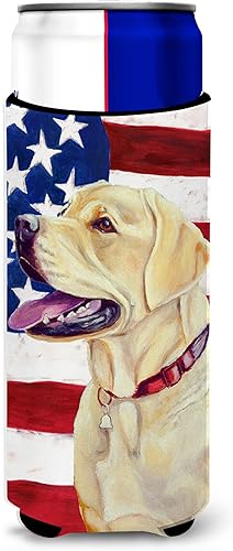 Caroline's Treasures LH9008MUK - Bandera estadounidense con Labrador Ultra Hugger para latas delgadas para latas delgadas, funda para enfriar,