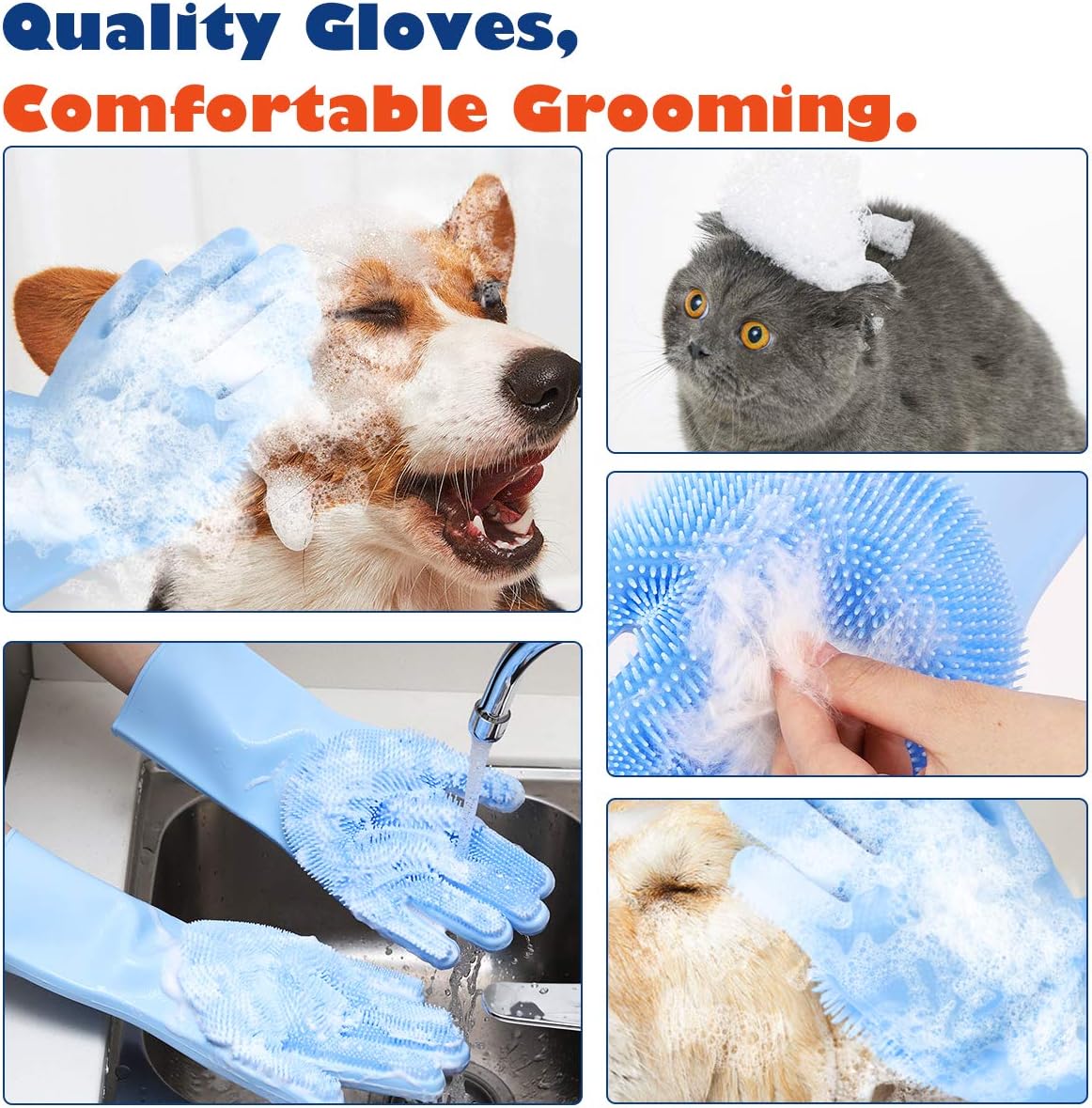 VavoPaw Magic Pet Grooming Gloves, Dog Bathing Shampoo Gloves with High Density Teeth, Heat Resistant Silicone Pet Hair Remover Brush for Cat & Dogs, Light Blue