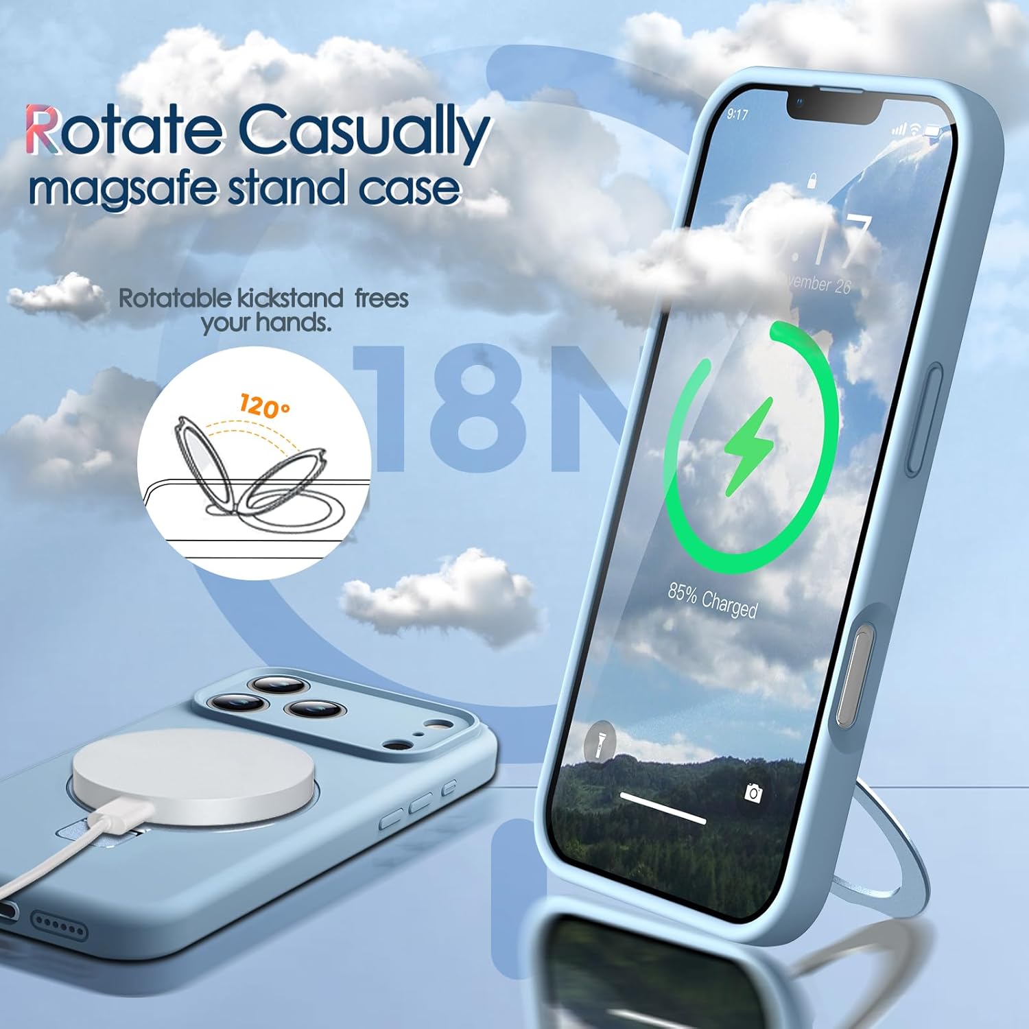 Designed for iPhone 17 Pro Max Case with Magnetic Invisible Stand, [Compatible with Mag-Safe][Full Camera Protection]Liquid Silicone Shockproof Case with Anti-Scratch Microfiber Lining, Sky Blue