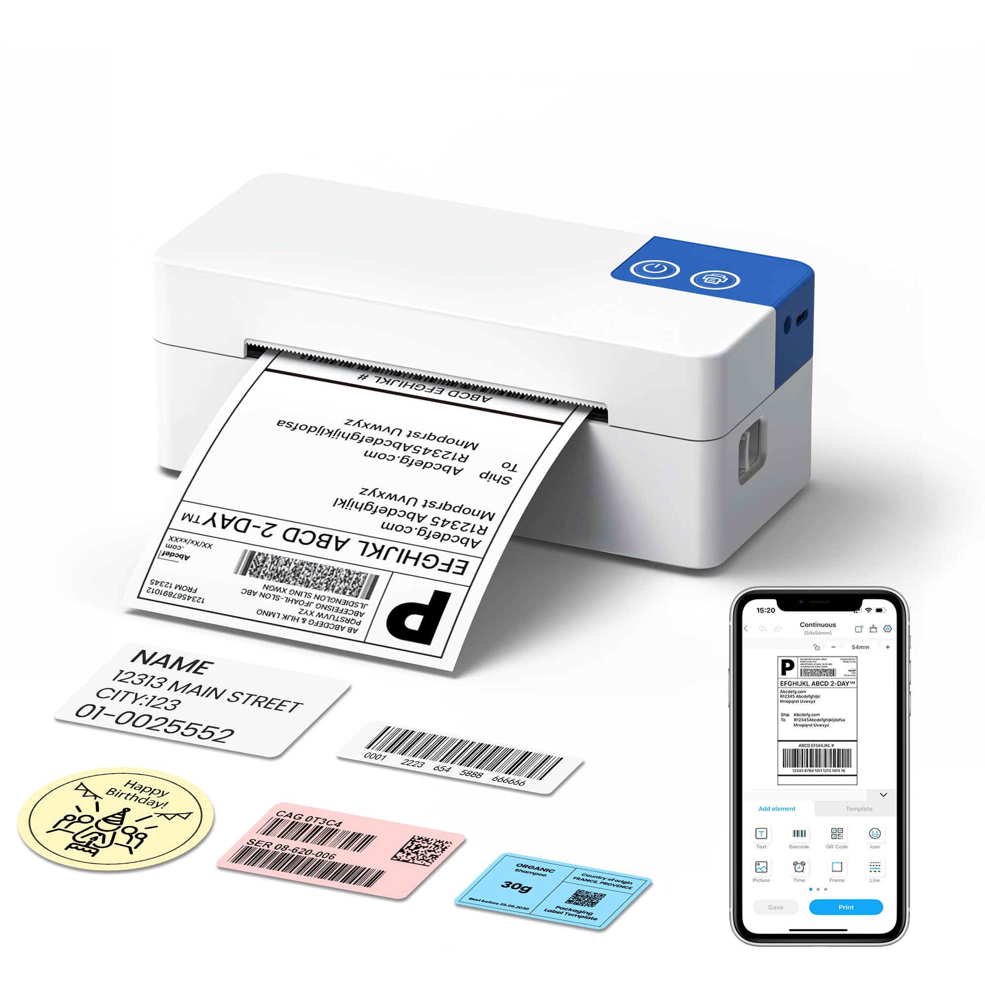 Bluetooth Thermal Shipping Label Printer 1 Count (White)