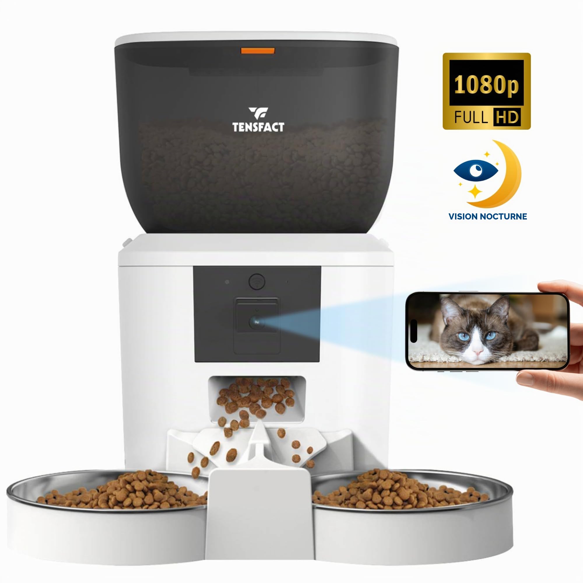 Gamelle Automatique Chat - Distributeur Automatique Chat avec Caméra Full HD - Gamelle Simple et Duo - Blanc