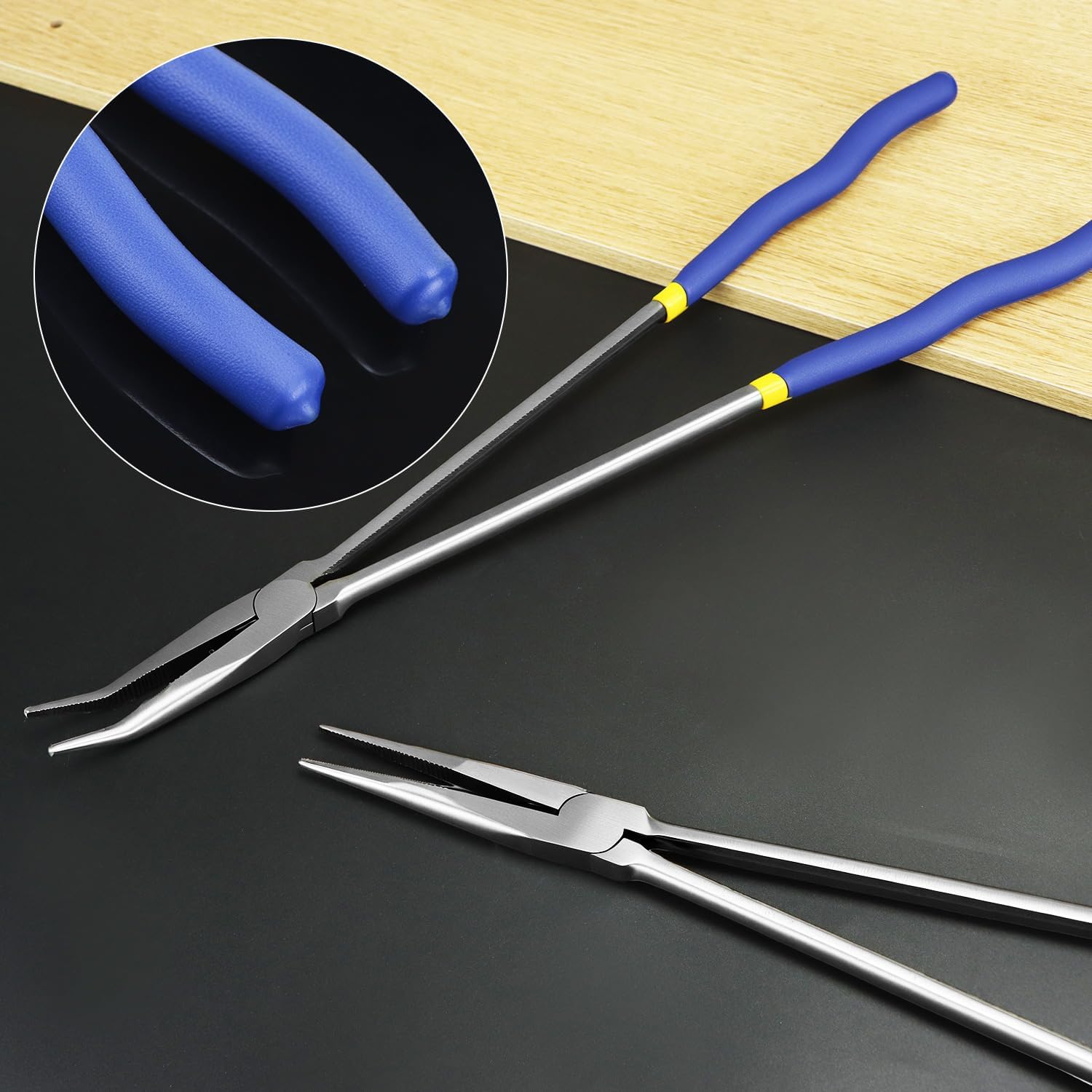 QWORK 16 Inch Long Reach Needle Nose Pliers, 45 Degree Angled Tip, Extra Long Handles, Tight Serrated Jaws for Narrow Spaces, Automotive Mechanic & Machinery Maintenance