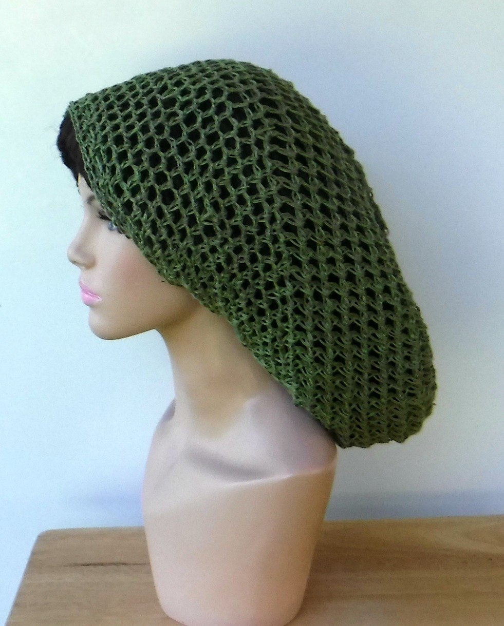 Handmade Slouchy Beanie Hat Pure Hemp Green Dread Tam Summer Snood