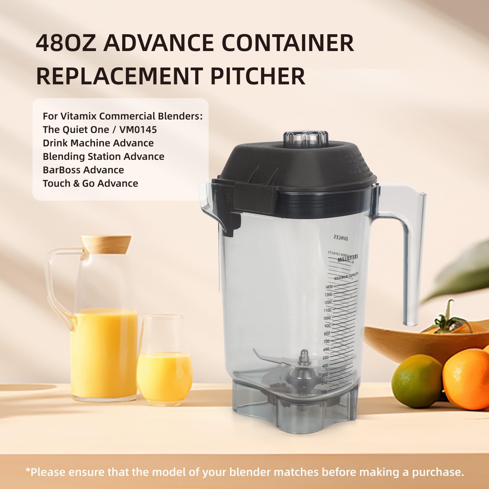 Jarra de repuesto de contenedor Advance de 48 onzas compatible con Vitamix The Quiet One VM0145, BarBoss, máquina de bebidas Advance y Touch & Go Commercial Blender Jar Cup Parts