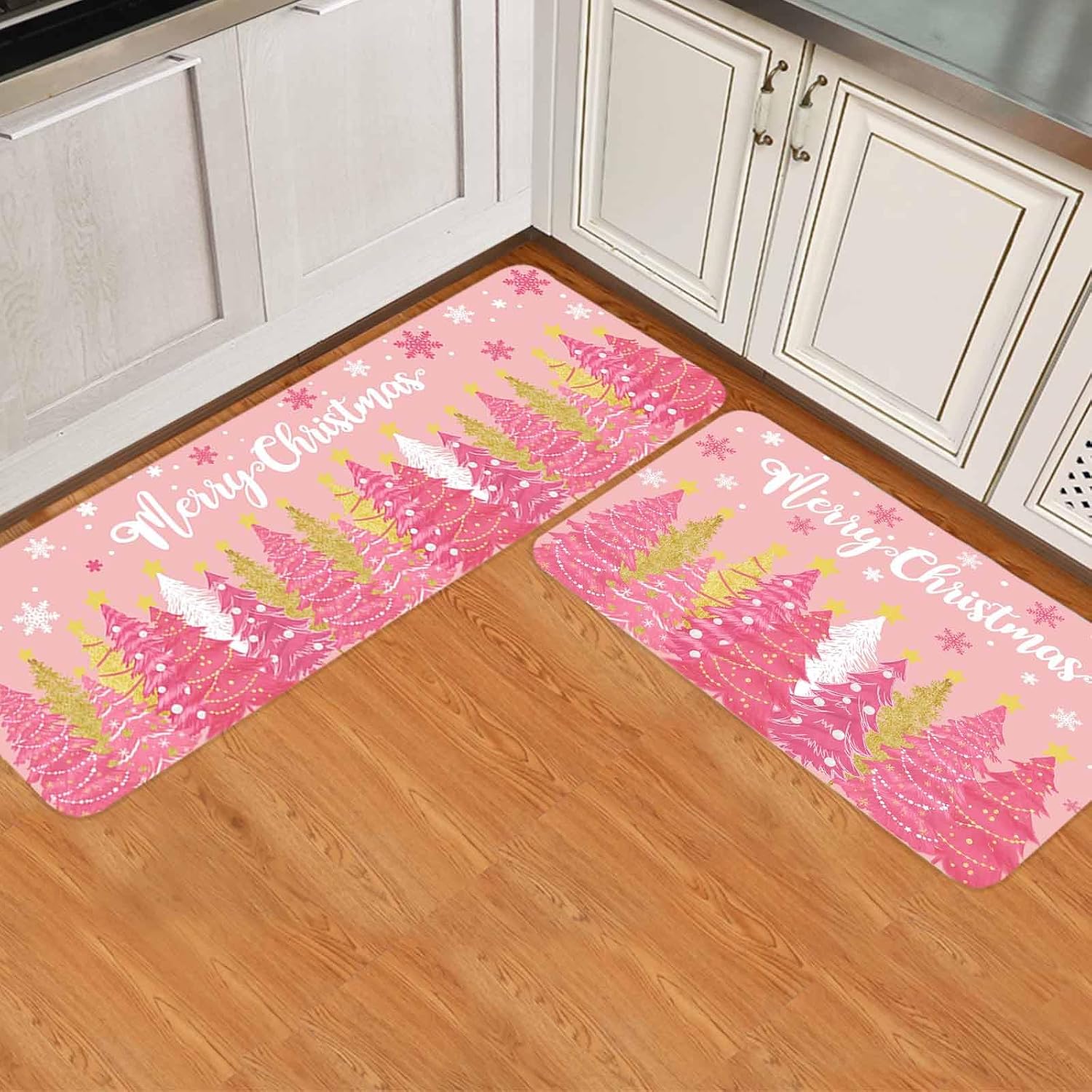 Pink Christmas Tree Kitchen Rugs and Mats Set of 2, Pink Xmas Tree Snowflake Luxury Absorbent Bath Runner Rug Floor Door Mats Throw Accent for Bedroom Living Room Bathroom Entrance Small