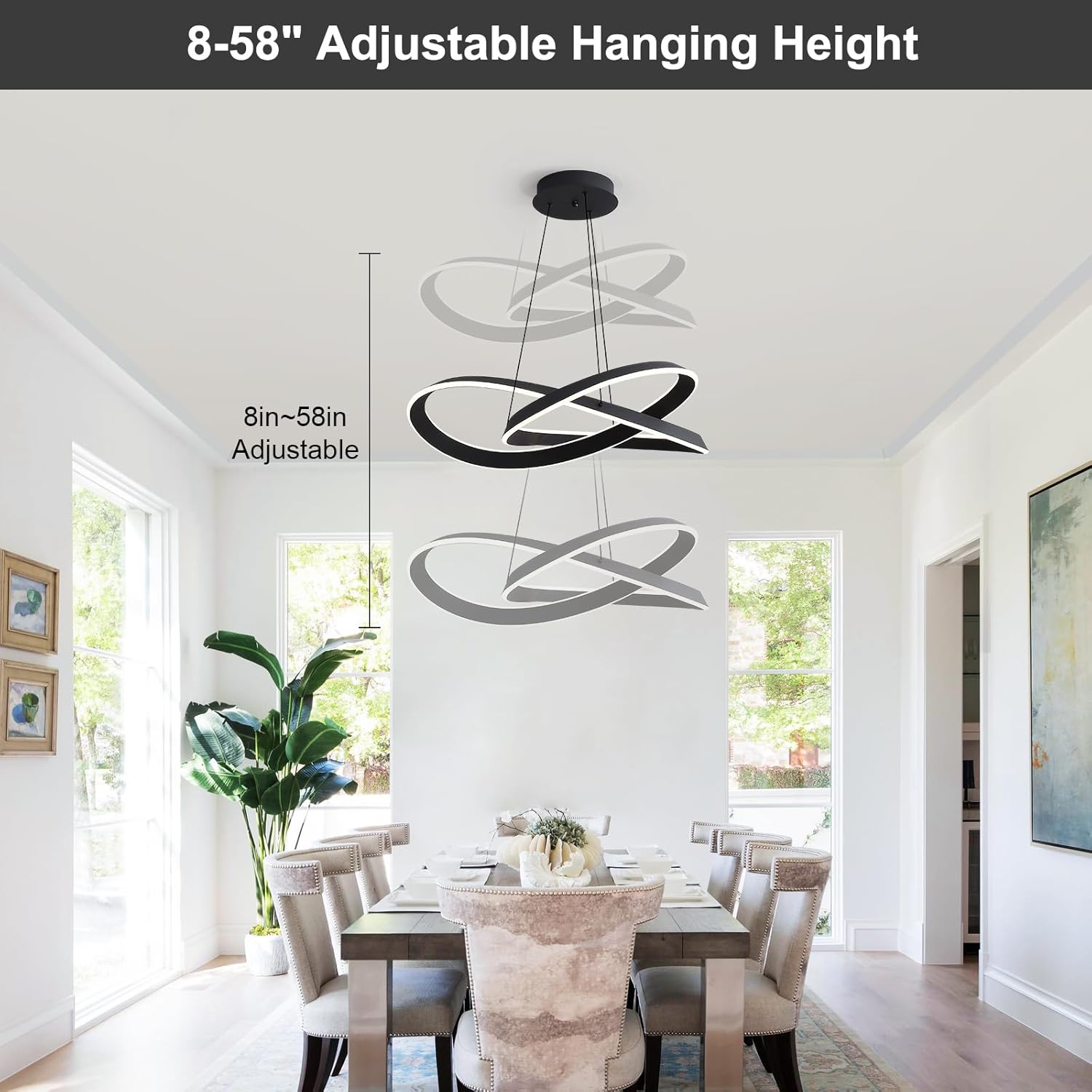 Modern LED Chandelier, Black Infinity Pendant Light 28 Inch, Dimmable Ceiling Light with APP & Remote, 3000K–6000K, 90+ CRI Flicker‑Free, Height Adjustable 8–58" for Dining Living Room Kitchen Island
