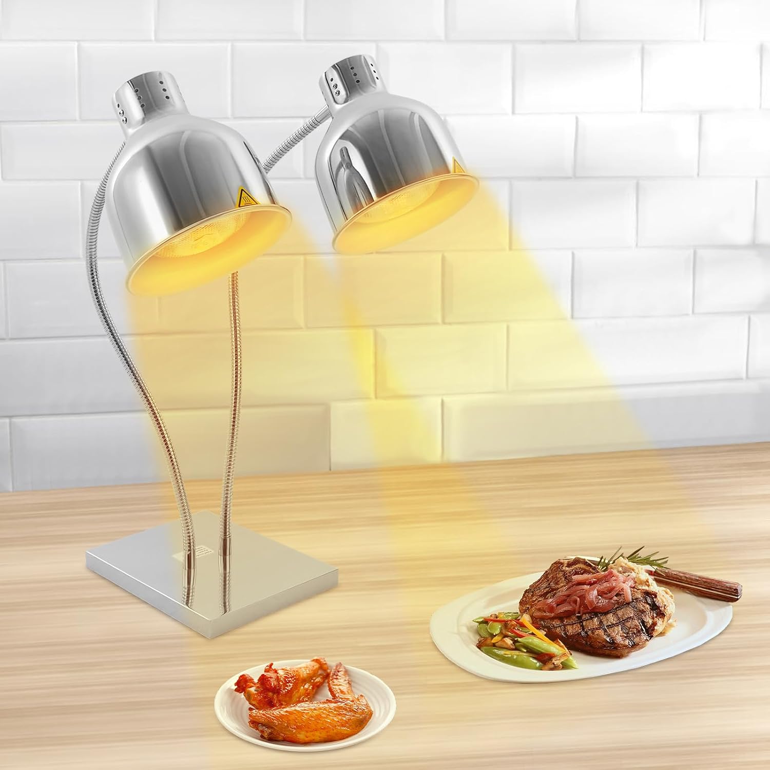 Food Insulation Lamp, 500W Food Warmer, 2-Head Food Warming Lamp, Free-Standing Food Warmers, Portable Electric Food Heating Lamp with 360°Adjustable Head, for Restaurant, Kitchen, Buffet (Sliver)