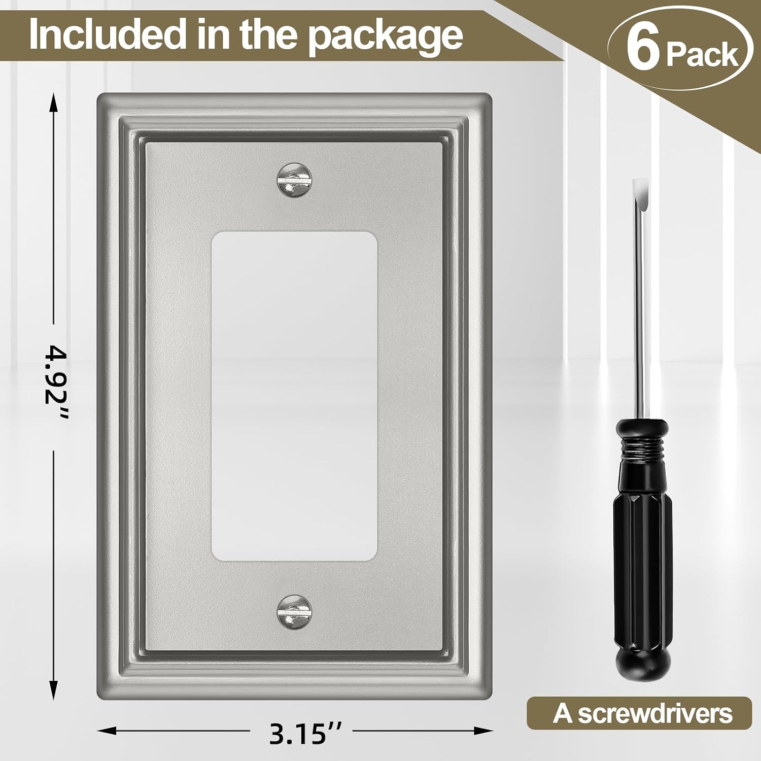 6 Pack Single Decorator Switch Covers Wall Plate, Brushed Nickel Decorative Rocker Switch Plates Outlet Covers for Receptacle, GFCI Outlet, Dimmer - Classic Style, 1 Gang Decorator