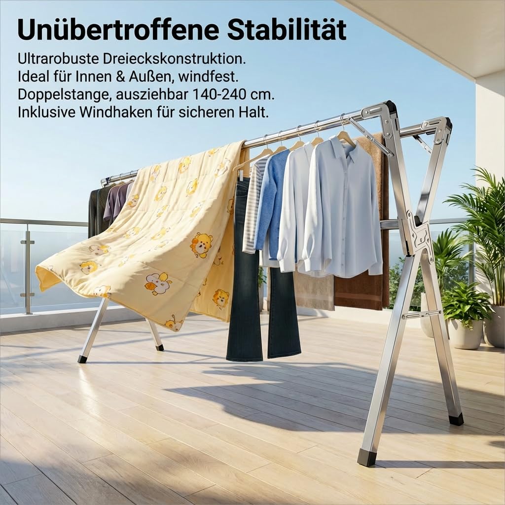 Wäscheständer aus Edelstahl klappbar, verstellbar 140–240 cm | Wäschetrockner Für Innen- und Außenbereiche, Jede Stange bis 60 kg belastbar, mit 40 Winddichte Kleiderhaken