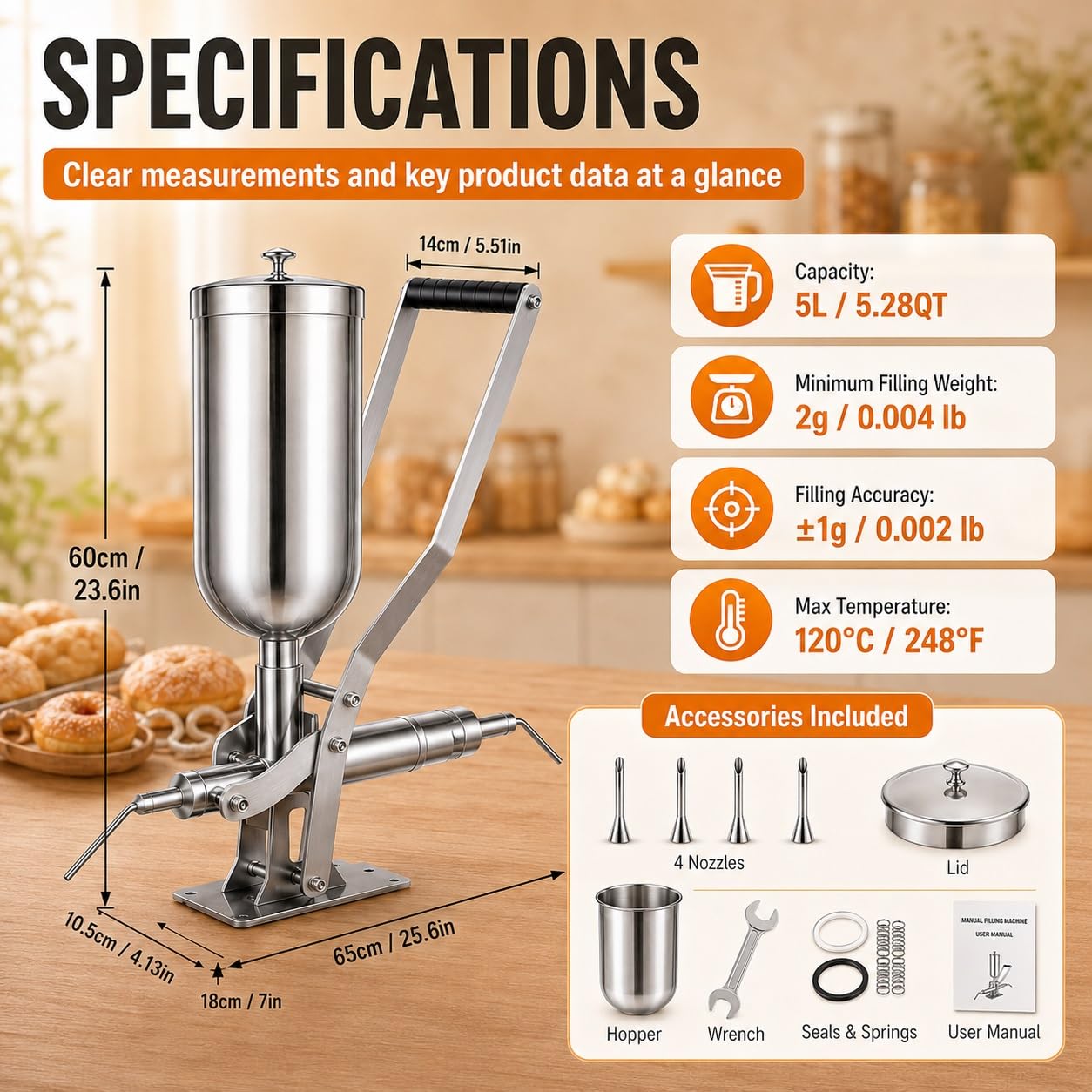 Llenadora Manual De Churros Donuts 5l, Máquina De Acero Inoxidable Con Kit De Boquilla