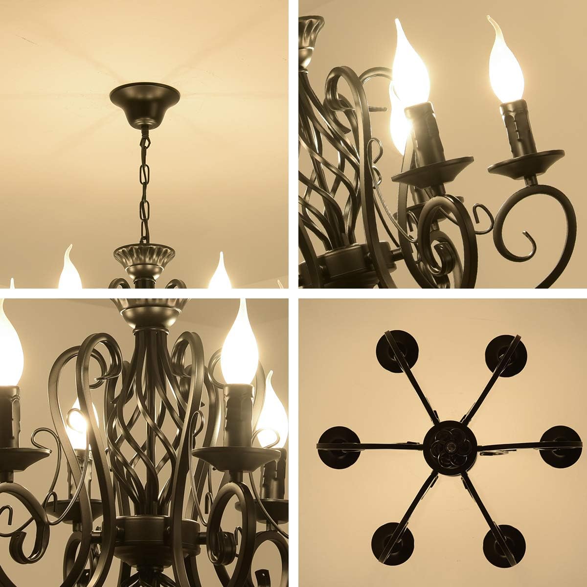 Ganeed Black French Country Chandelier,6 Lights Farmhouse Candle Iron Chandeliers,Vintage Metal Pendant Light Fixture for Kitchen Island,Dining Room,Bedroom