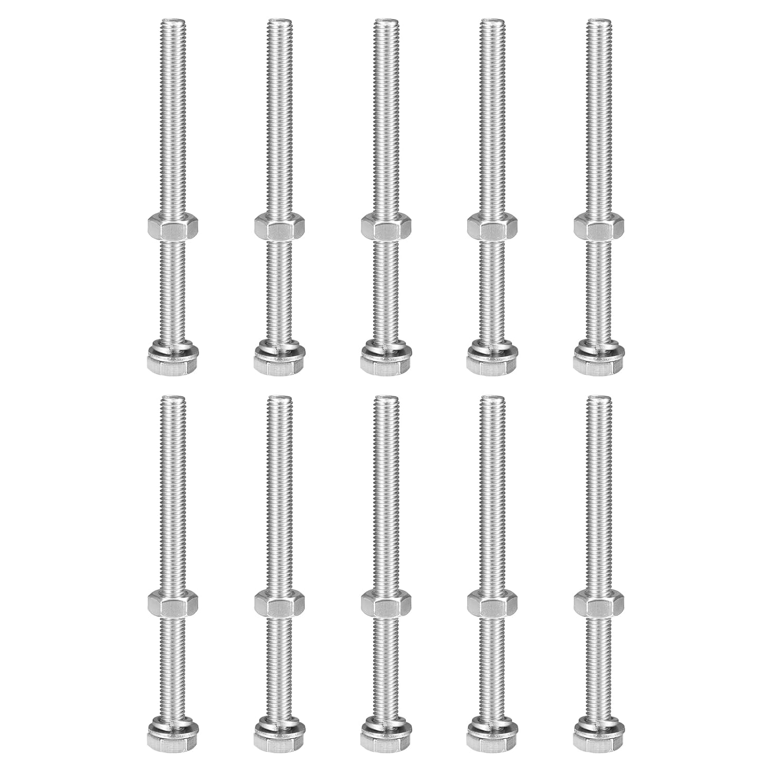 uxcell M10 x 130mm Hex Head Screws Bolts, Nuts, Flat & Lock Washers Kits, 304 Stainless Steel Fully Thread Hexagon Bolts 10 Sets