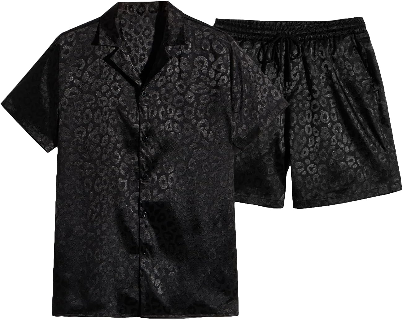 Verdusa Men's 2 Piece Outfit Leopard Jacquard Button Front Shirt and Drawstring Waist Short Sets Black XX-Large