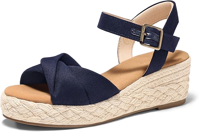 Navy blue espadrille wedge sandals with ankle straps for women