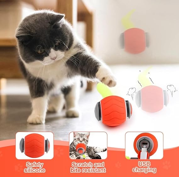 Busstier USB Şarj Edilebilir 360 Derece Dönen Akıllı Oyun Topu, Kedi ve Köpekler İçin Kuyruklu Hareketli Eğlence Oyuncağı