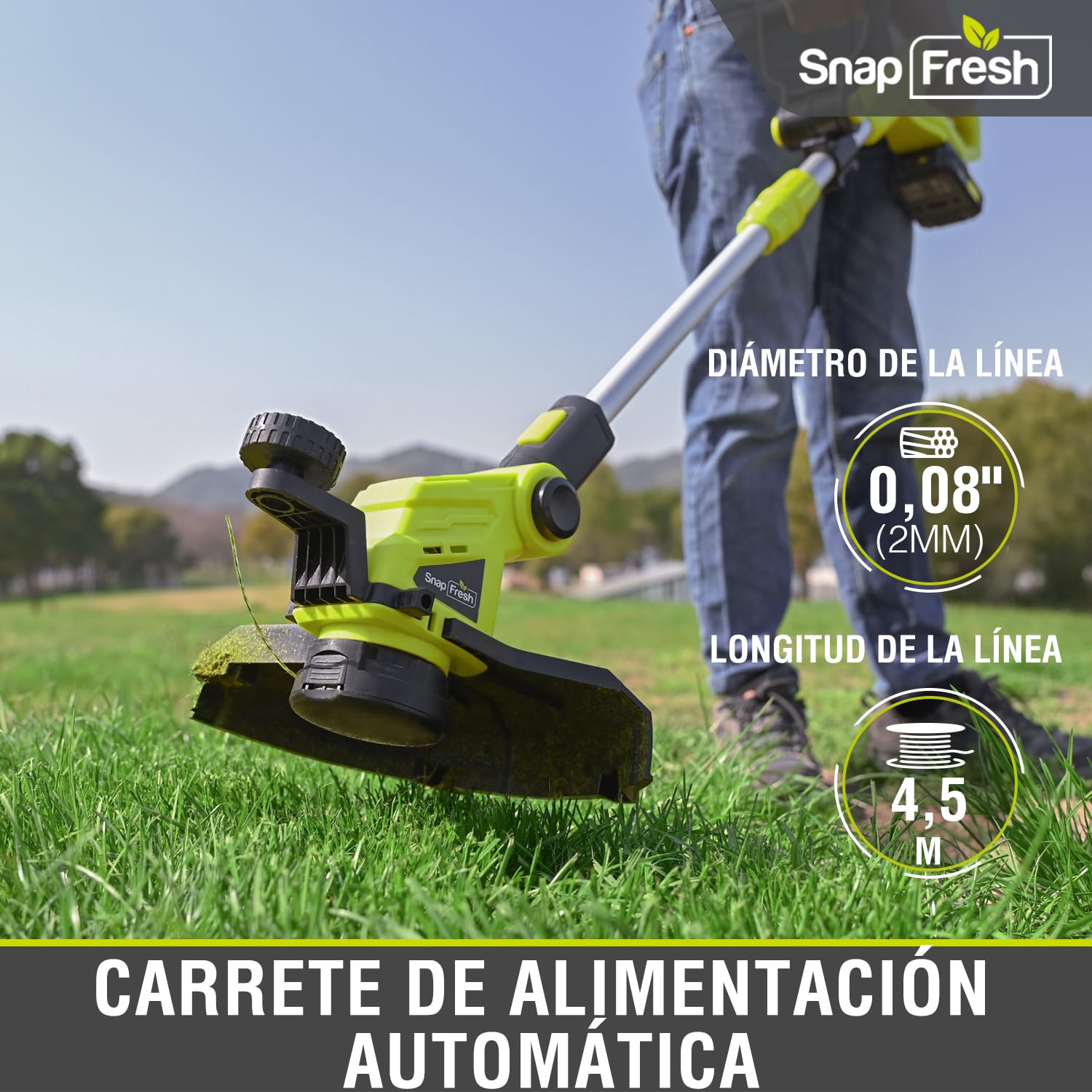 SnapFresh Cortacésped a batería 20V Desbrozadora (con batería y Cargador, Cambio rápido de Hilo, 30,5 cm de Ancho de Corte, Mango telescópico Ajustable, Protector de Flores)
