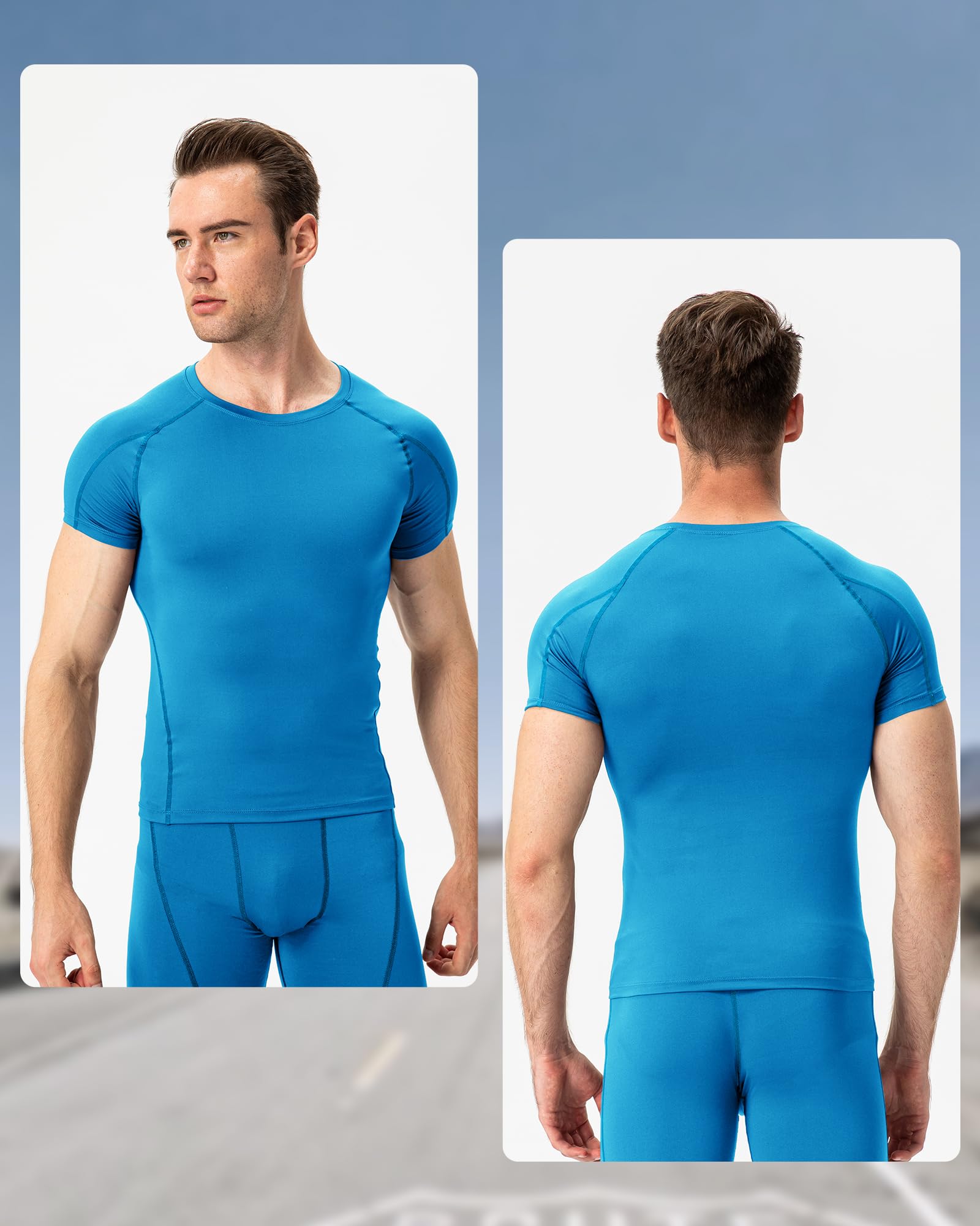 LWISMIL Blue Gym Compression Shirts Short Sleeve for Men Sports T-Shirt Tops Athletic Workout Dry Fit Baselayer Undershirt