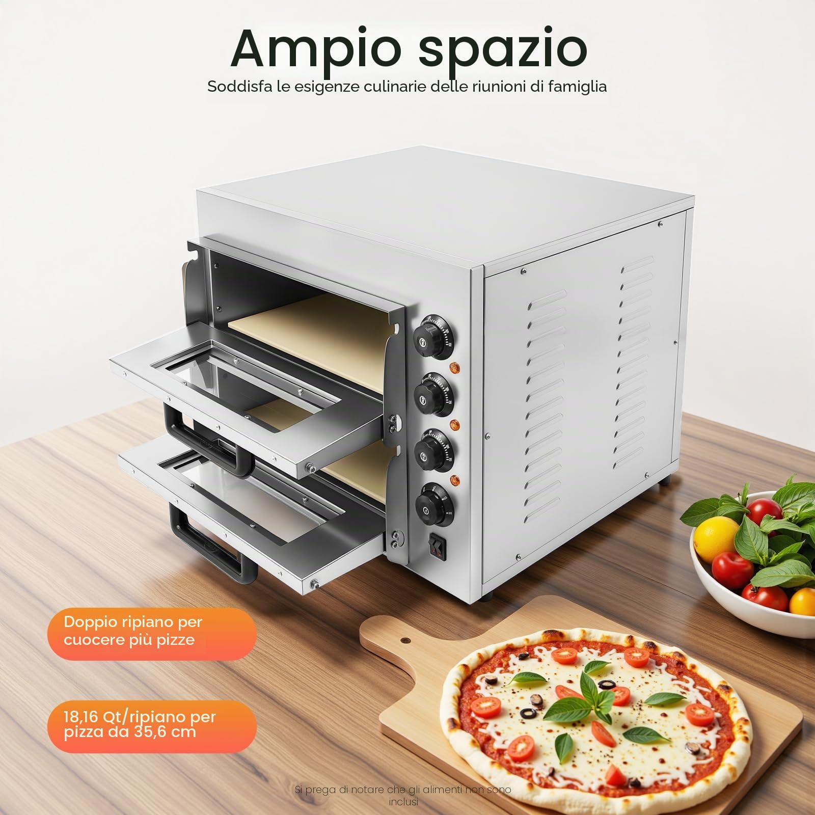 Forno per pizza commerciale, 57 x 47,5 x 44 cm, 3000 W, doppio strato, in acciaio inox, con timer, temperatura regolabile, professionale, per cucina domestica, pizzerie