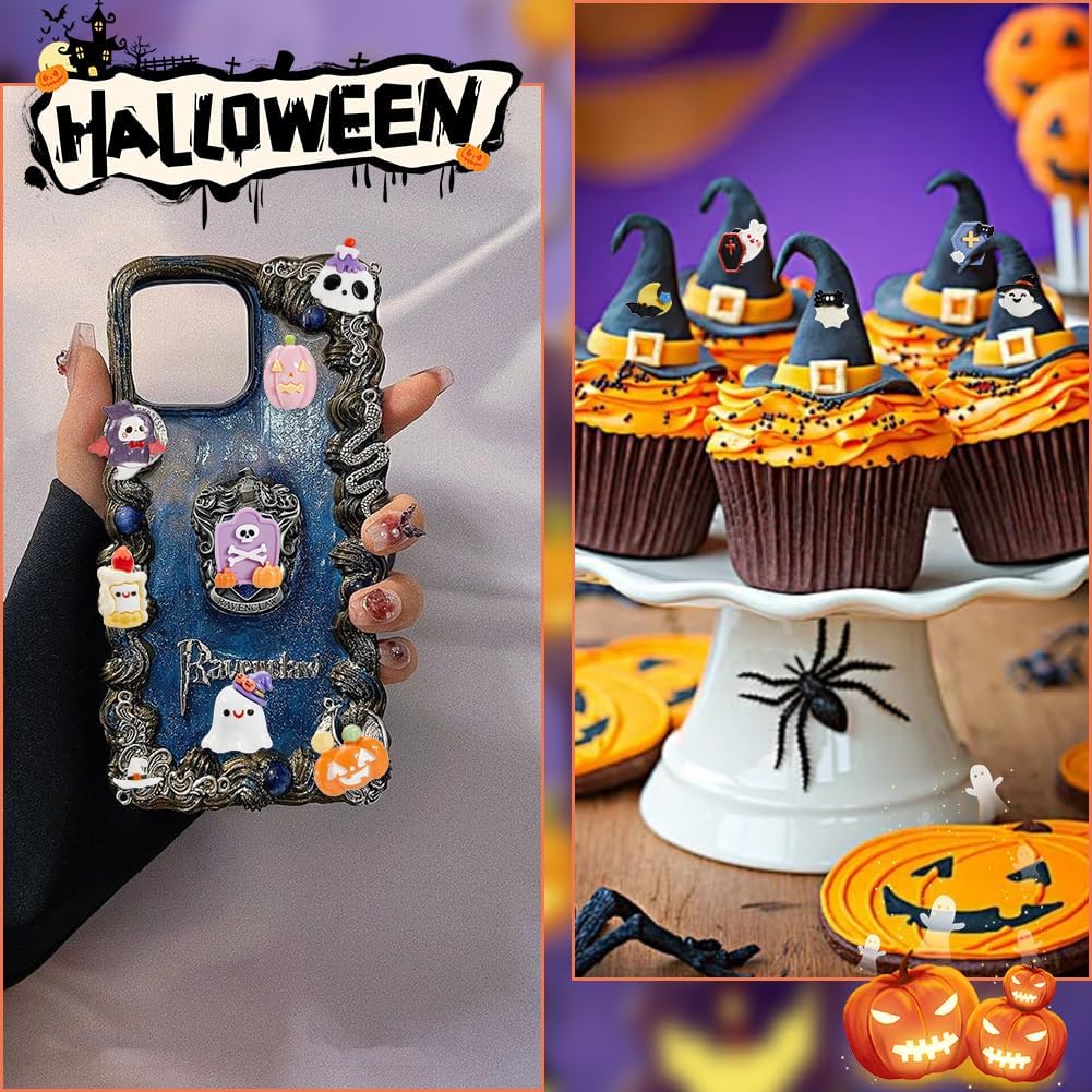 SUNNYCLUE 84pcs 14 Styles Cute Halloween Resin Charms Halloween Resin Cabochons Assorted Mixed Coffin Ghosts Pumpkin Cabochon for Jewelry Making Scrapbooking Embellishment Decorations