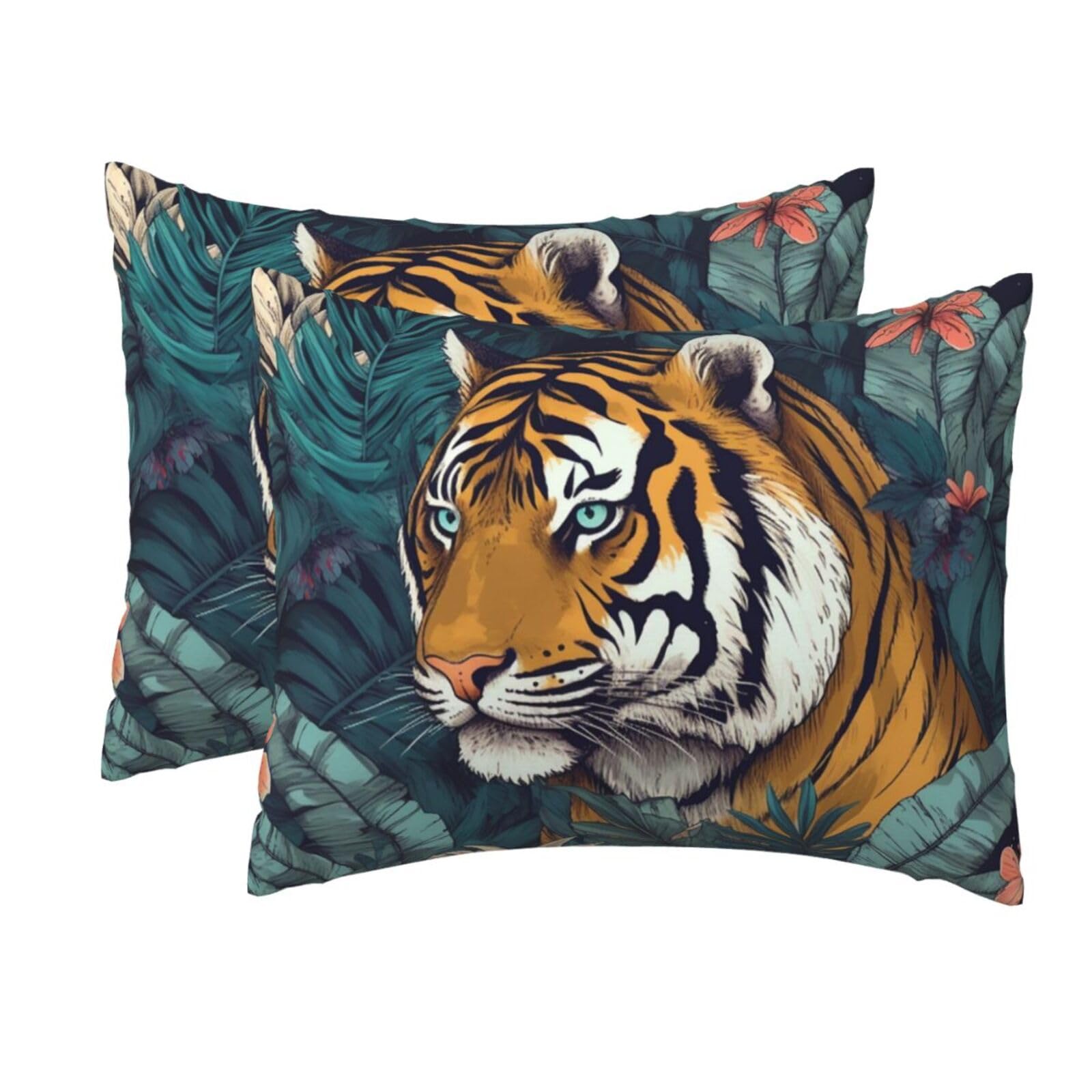 2 Pack Standard Pillow Cases with Hidden Zipper, Soft Breathable Pillow Covers for Hair and Skin, Tropical Tiger Pillowcases 20"x26" Bed Pillow Protectors Cover for Sleeping Gifts