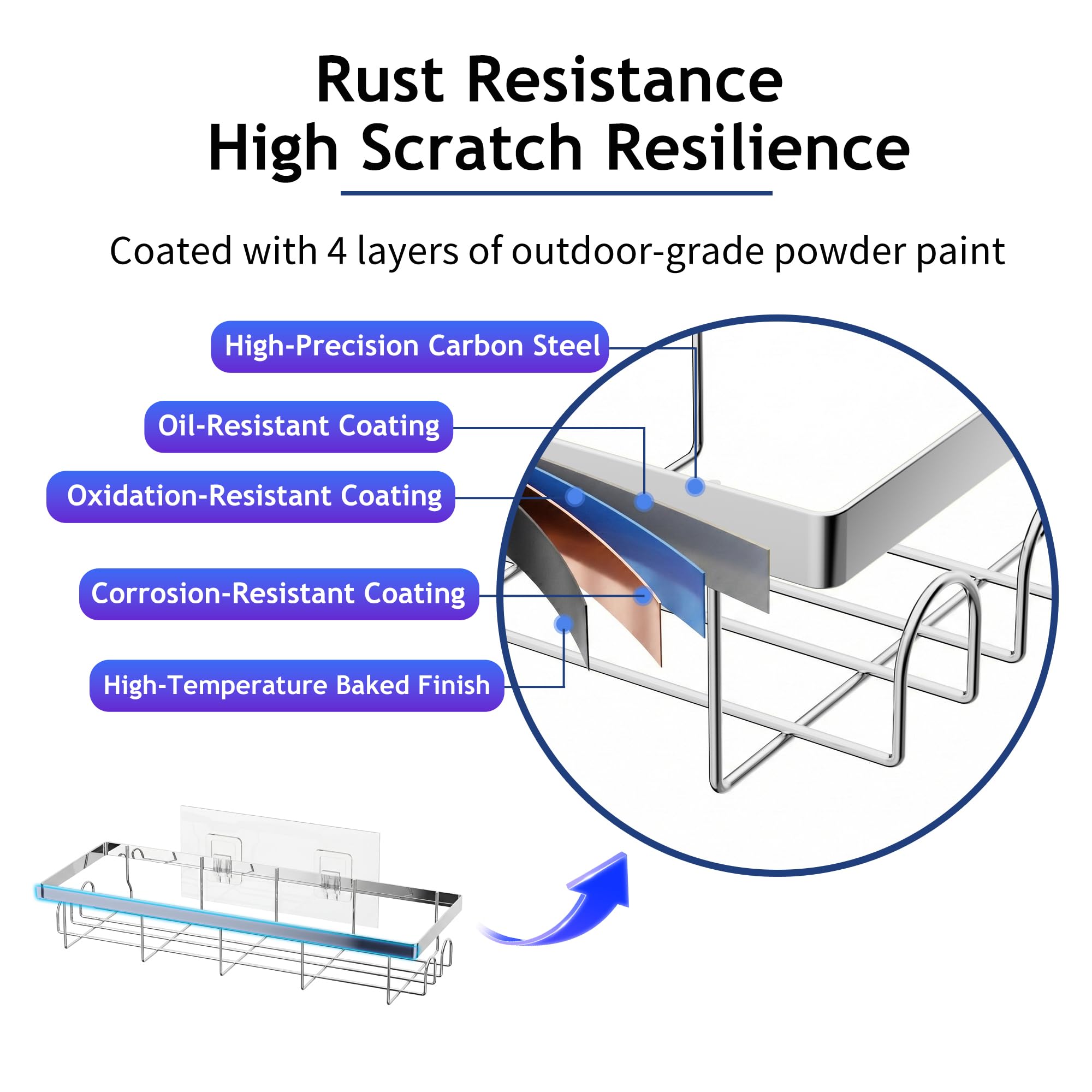 JAQ Shower Caddy 2 Pack, Adhesive Bathroom Shelf Organizer No Drilling Wall Mounted Storage Rack for Inside Shower, Rust-Resistant Metal Shower Basket with Hooks for Shampoo, Conditioner, Soap-Silver - 4