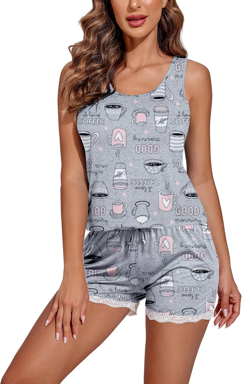 Ekouaer Womens Pajama Sets Sleeveless Tank Top and Shorts Pj Set Lace Hem Sleepwear S-XXXL - Image 2