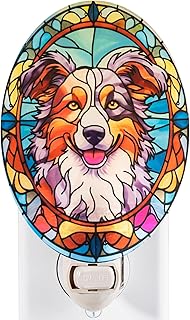 Stained Glass Styled Border Collie Night Light – Real Glass Plug-in Dog Night Light, Pet Memorial or Bedroom Decorative Accent for Home Décor