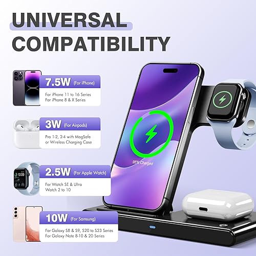 Miniatura 2 de Estación de carga inalámbrica de escritorio de viaje soporte de cargador 3 en 1, múltiples dispositivos compatibles con iPhone 16e 16 15 14 Pro Max