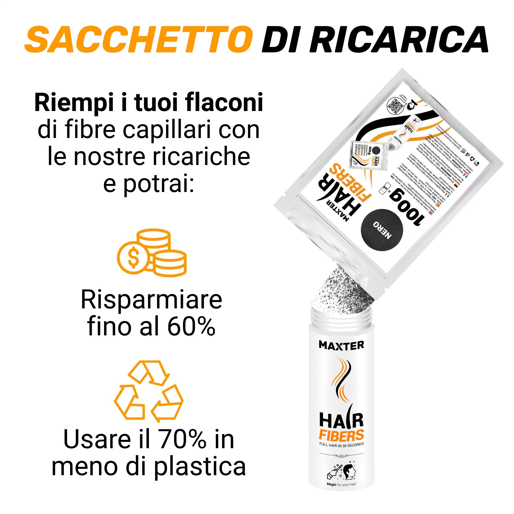Maxter Fibre Capelli NERO + Spray Applicatore + Borsa di Ricarica 100g - Polvere Volumizzante Capelli per Nascondere la Caduta dei Capelli e la Calvizie - Fibre Cotone per Capelli