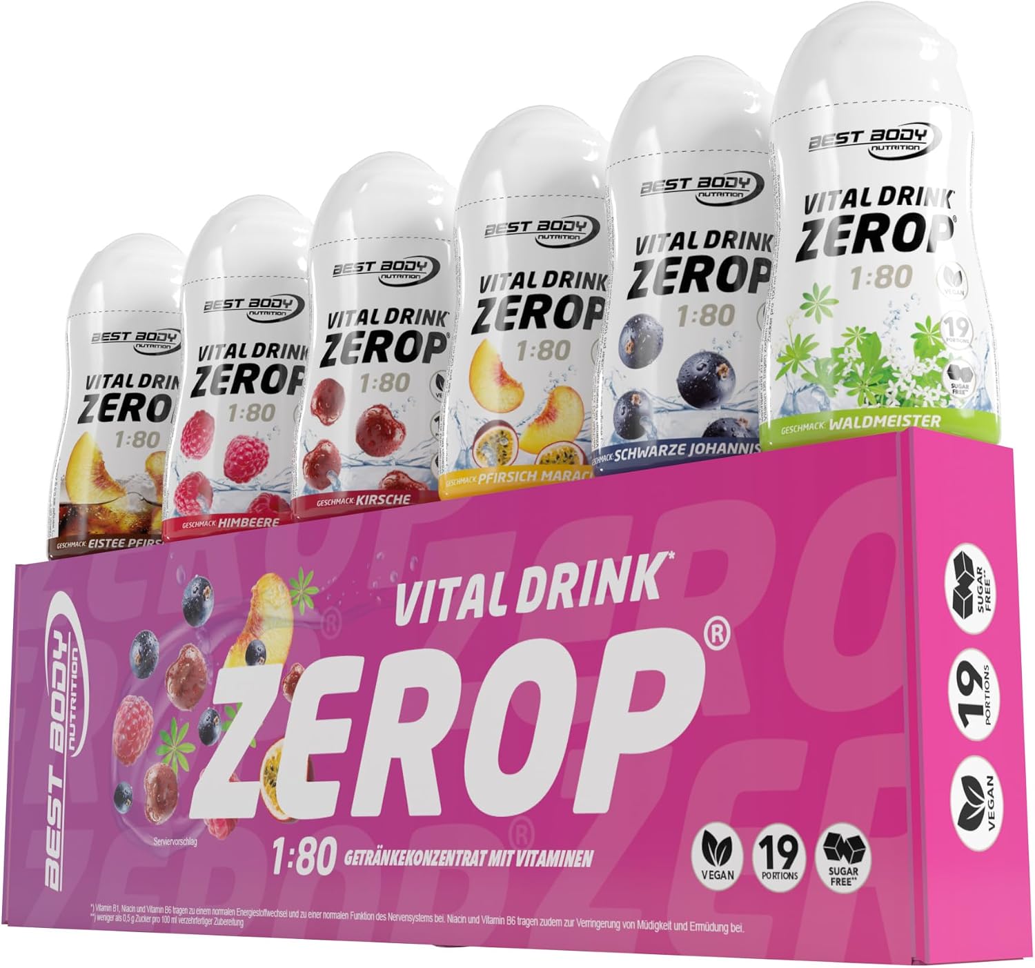 Best Body Nutrition Vital Drink ZEROP mix box 6 x 48 ml syrup concentrate sugar-free 180 sample set Iced Tea Peach Raspberry Cherry Currant Woodruff Peach Passion Fruit