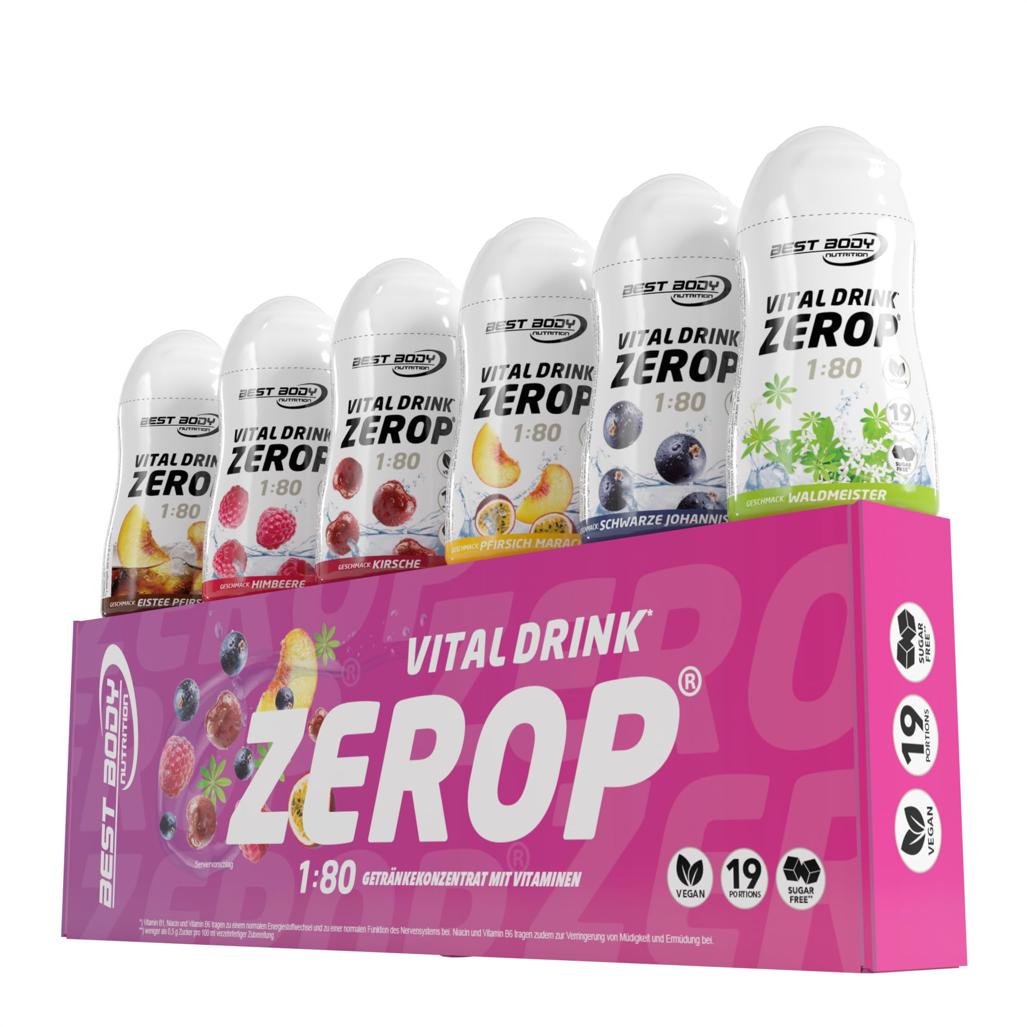Best Body Nutrition Vital Drink ZEROP - Mix-Box 6 x 48 ml, Original Getränkekonzentrat - Sirup - zuckerfrei, 1:80, Probierset: Eistee-Pfirsich, Himbeere, Kirsche, Johannisbeere, Waldmeister