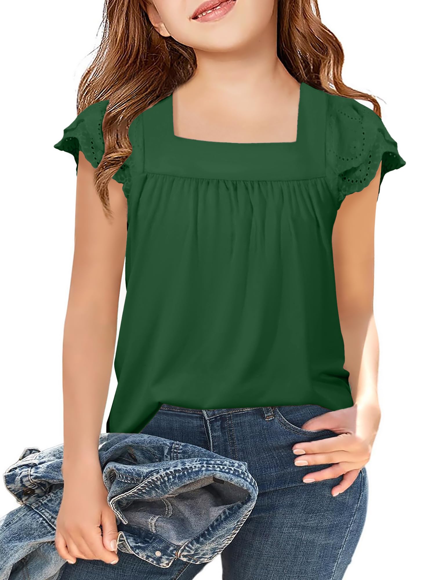 Arshiner Girls Shirts Short Sleeve Square Neck Summer Lace Openwork Tops
