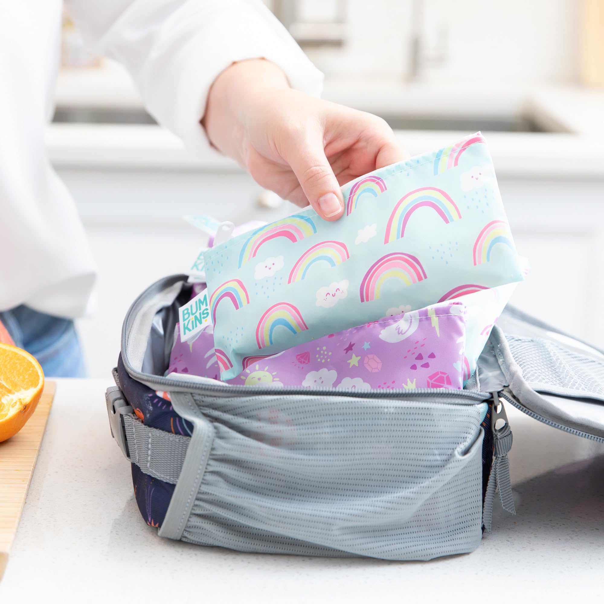 Bumkins Snack Bags, Reusable, Washable, Food Safe, BPA Free, 2-Pack - Unicorns & Rainbows