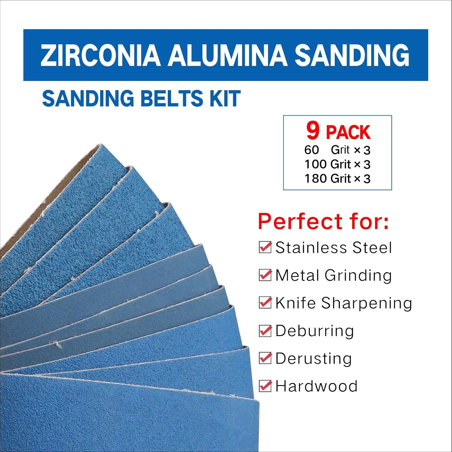 2x82 inch Zirconia Metal Sanding Belts, for JLD10-6/7 Belt Grinder, 9 PCS 60 100 180 Grits