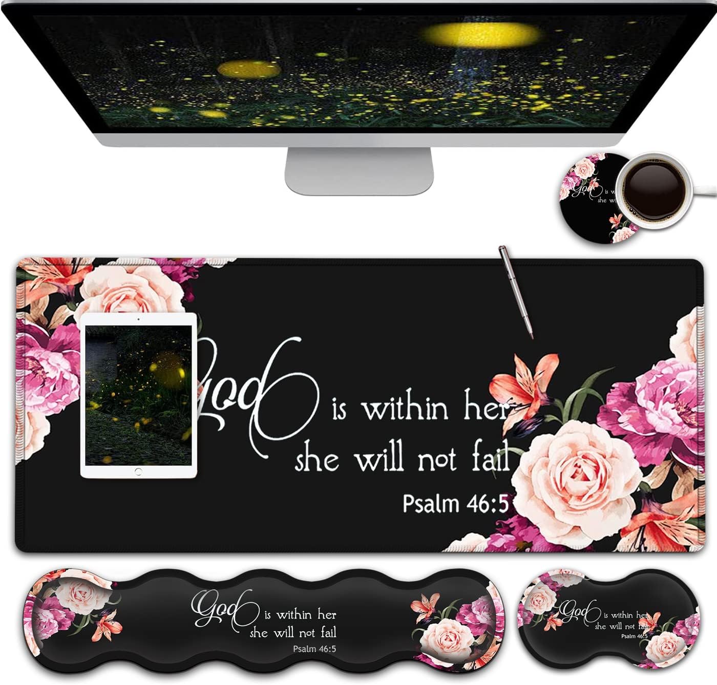Keyboard Mouse Pad Wrist Rest Support Set, Extended Gaming Mouse Pad, Large XXL Mousepad + Ergonomic Memory Foam Wrist Rest,Office Desk Mat Waterproof Writing Pad, Peony Flower Psalm 46:5 Black