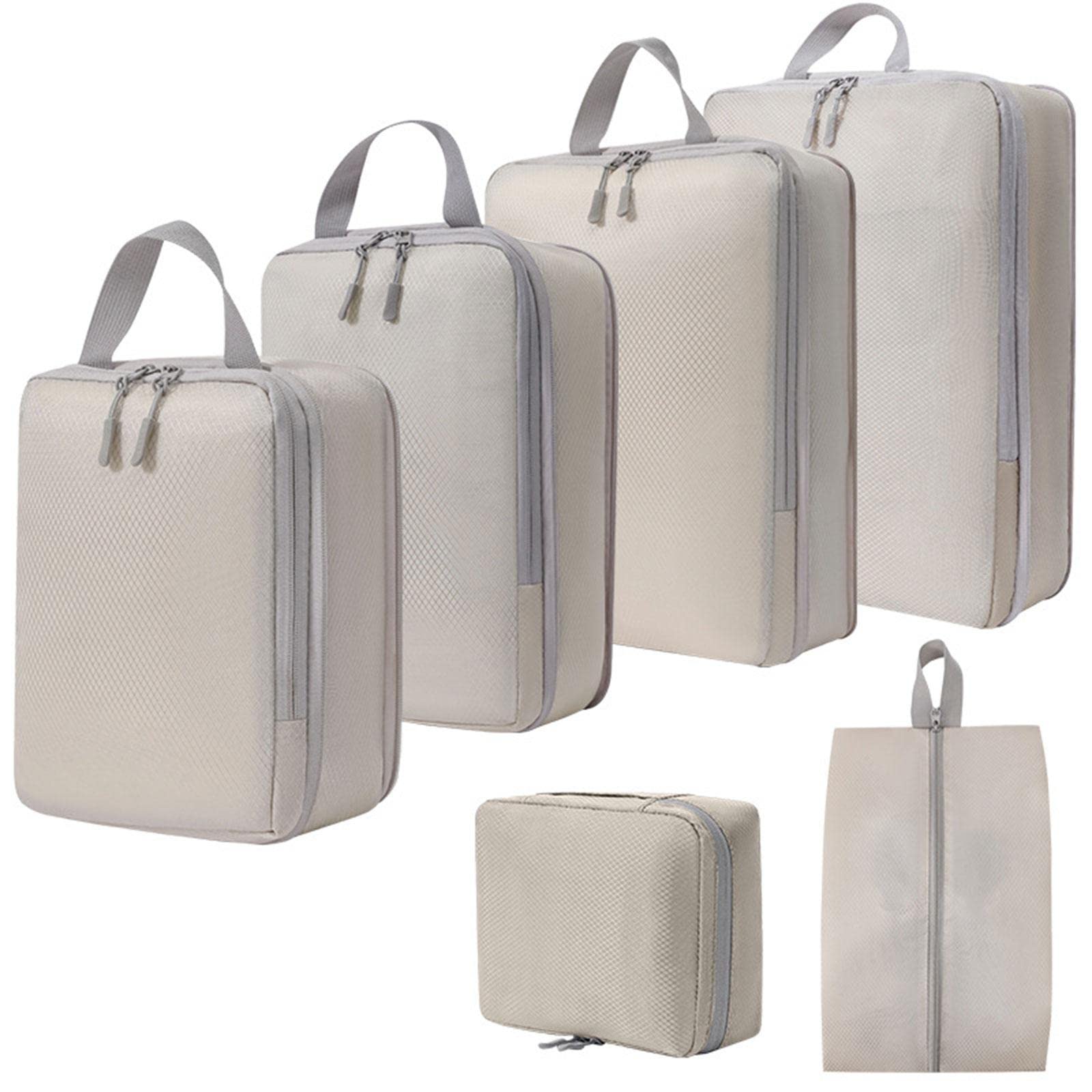 6 Pieces Compression Packing Cubes Laundry Bags for Holidays Outdoor Camping beige-image-21