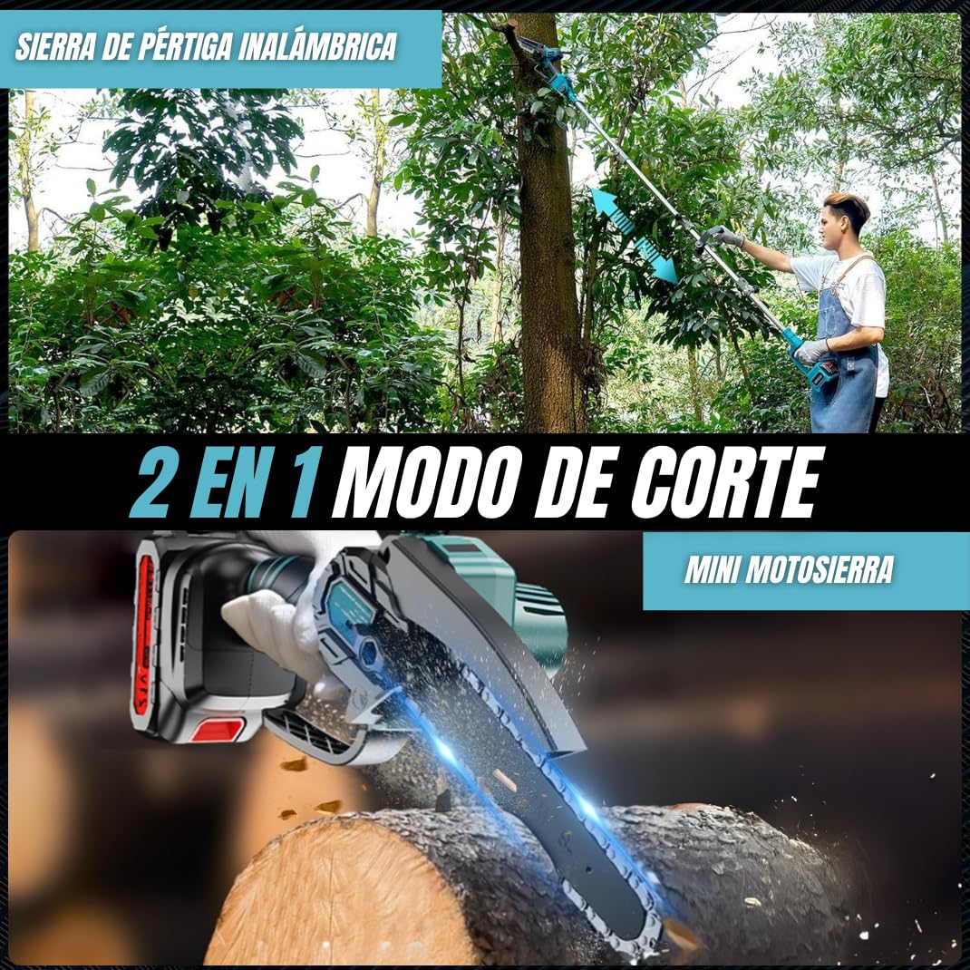 Kit de Poda a Bateria Profesional | Motosierra Lubricada con Depósito de Aceite + Tijeras de Podar Electricas 40 mm | Pertiga Telescopica hasta 4,5 m y Mango de Agarre | Incluye 2 Baterias