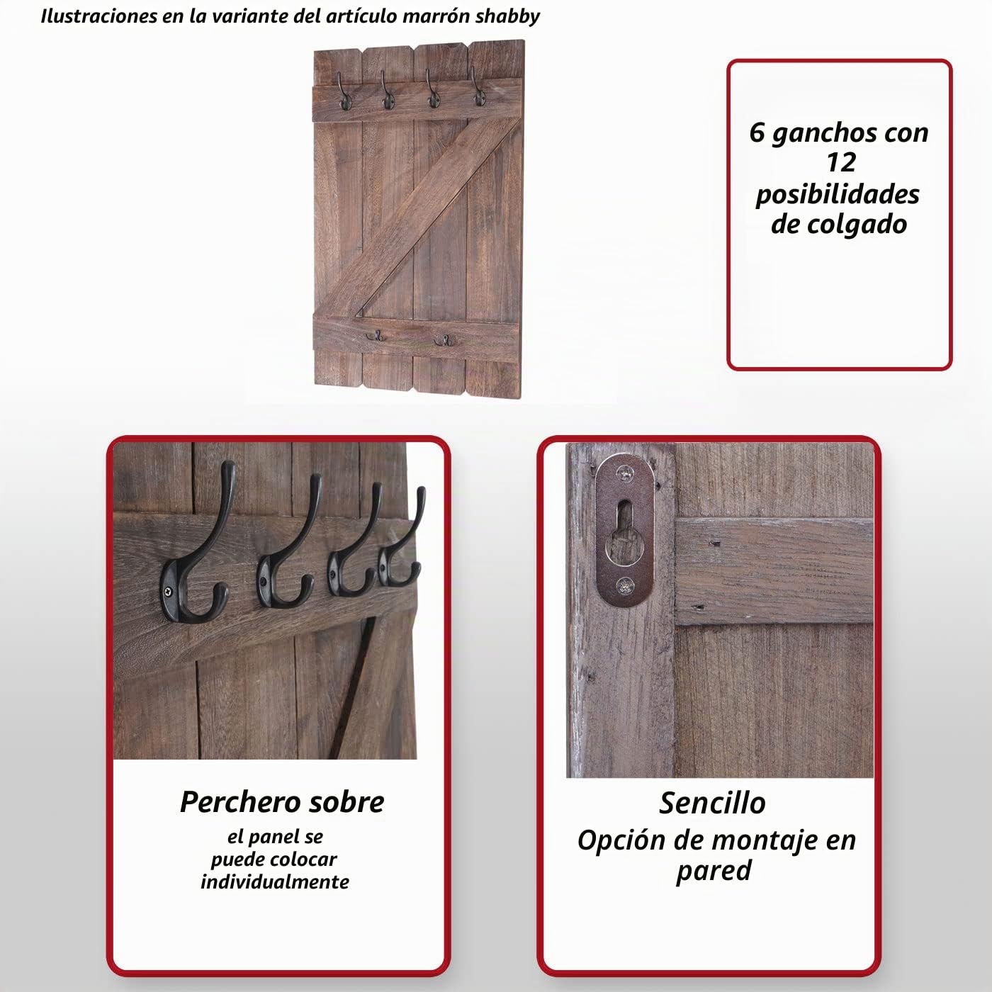 Mendler HWC-D13AM - Perchero de pared (6 ganchos, 91 x 60 cm), color pino | Perchero, Panel de perchero