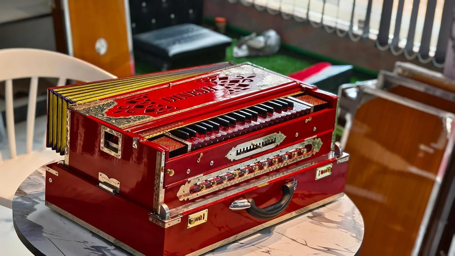 NamasteHimalayas Limited 4- Reed 13-Scale Professional Scale Changer Harmonium – Customised Rare Red Edition with Premium Brass Finish Best for Kirtan, Bhajan, Meditation, Sound Healing Therapy