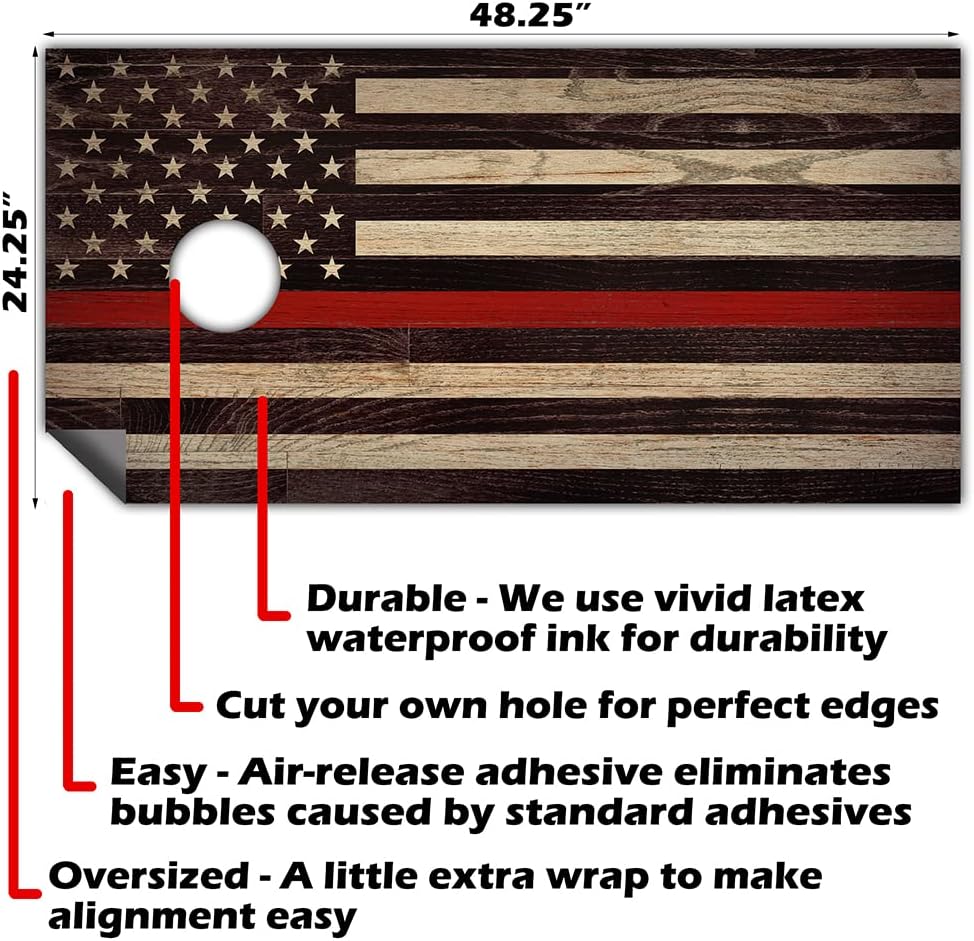 Lone Star Art Cornhole Board Wraps and Decals for Boards Set of 2 Skins Professional Vinyl Covers Sticker - Firefighter Red Line American Flag Fire Department Decal (Fire Fighter Support Flag)