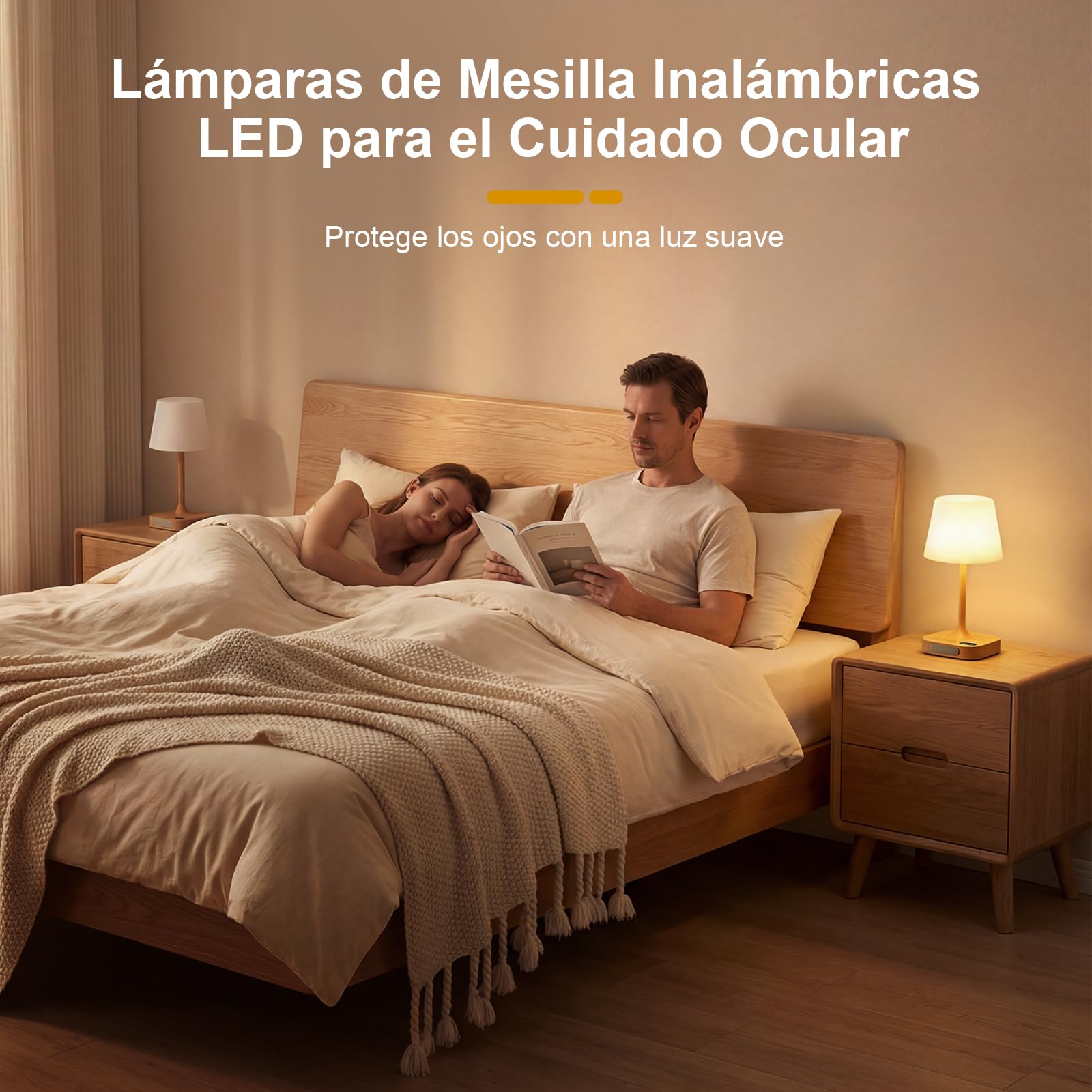 2 Piezas Lamparas Mesita de Noche Inalambrica con Puertos de Carga USB | Lamparas Sin Cables LED Táctil Recargable, Luz LED Ajustable con 3 Temperaturas de Color & Memoria para Dormitorio, Salón
