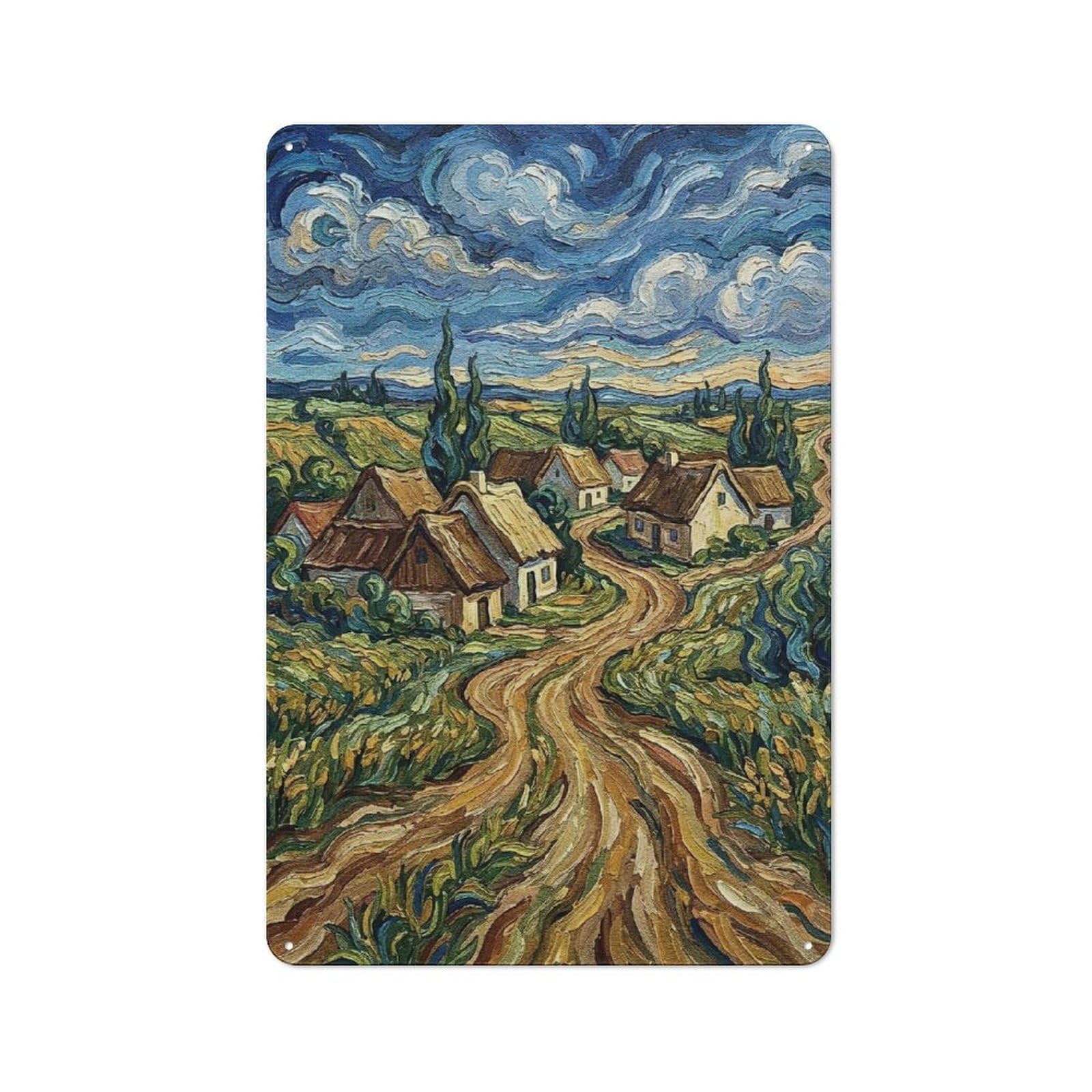 Junmoney Style-11 Village Landscape Painting In Impressionist Style Printed Metal Sign 30X20cm For Bar Or Restaurant, New Home Wall Decor For Hospitality Decor Collectors