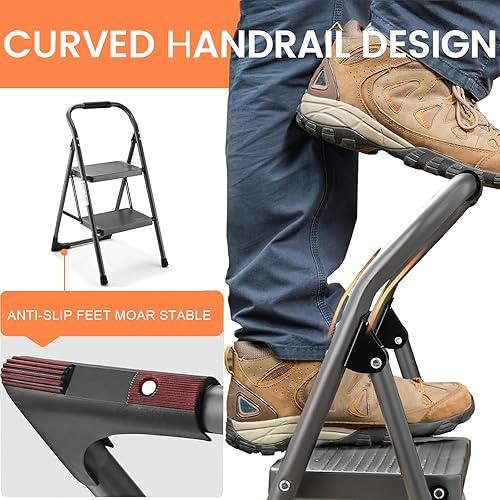 Miniatura 4 de Taburete para adultos, escalera de 2 escalones plegable de 330 libras, taburete antideslizante, taburete plegable ergonómico de acero con pedal