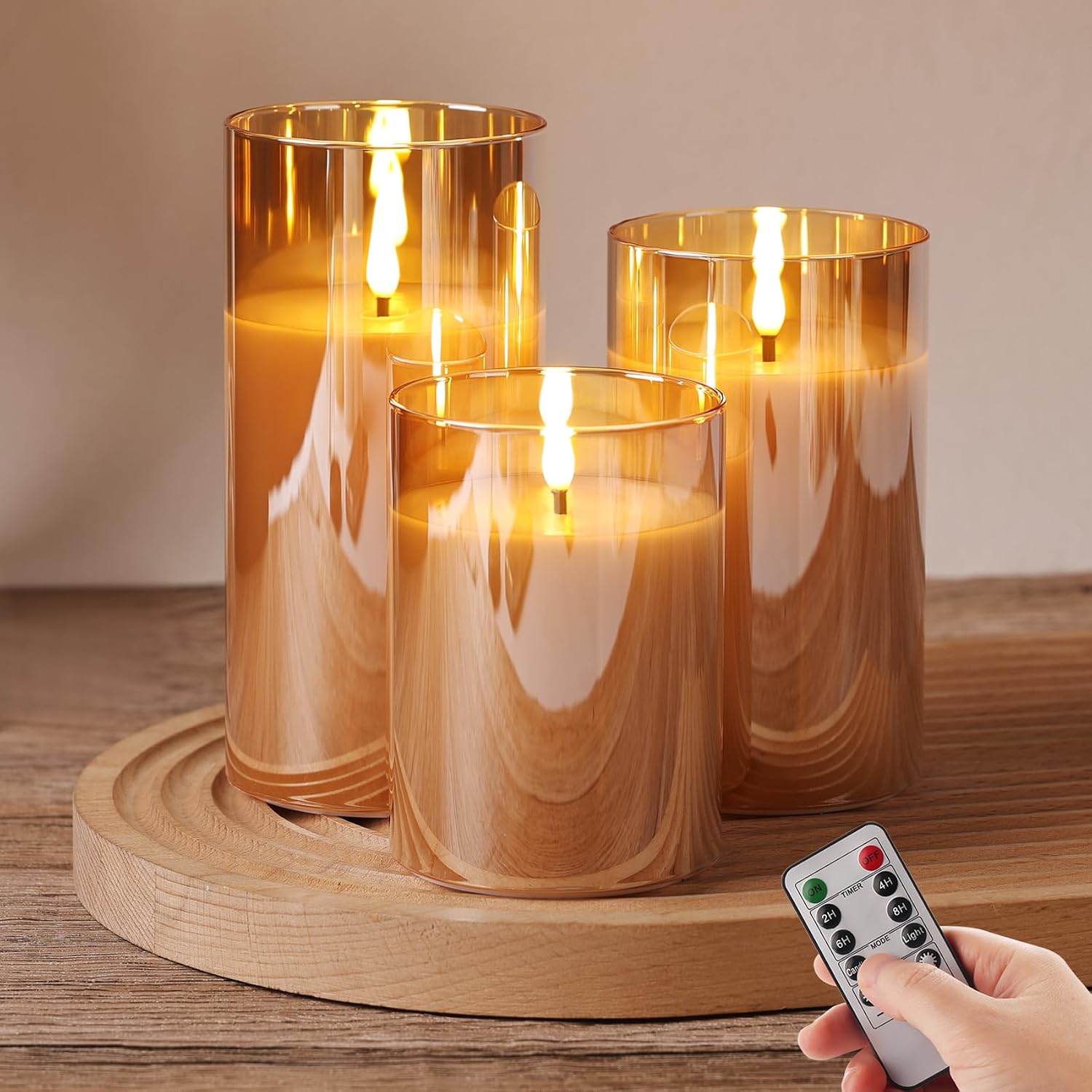 Moving Flame Gold Glass Flameless Pillar Candles with Remote Set of 3
