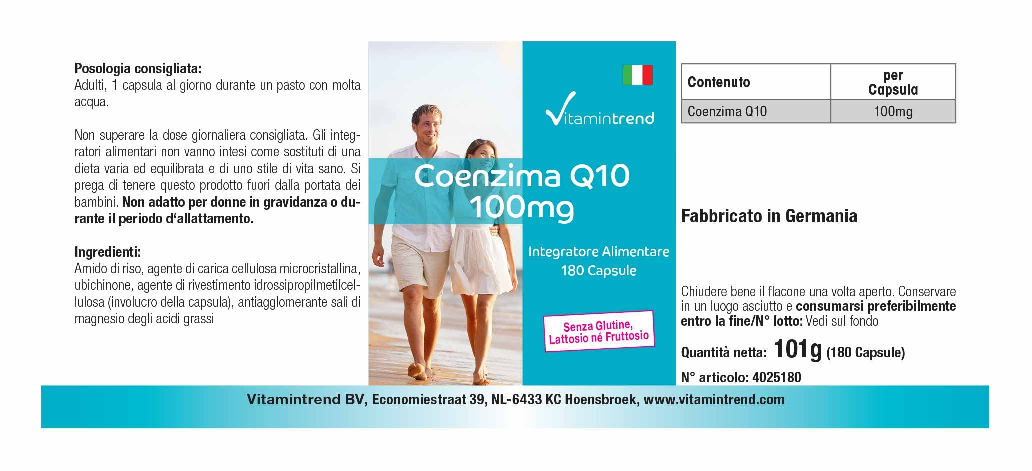 Vitamintrend Coenzima Q10 100 mg, 180 capsule, facili da deglutire, ad alto dosaggio, integratore alimentare vegano senza magnesio stearato, prodotto in Germania
