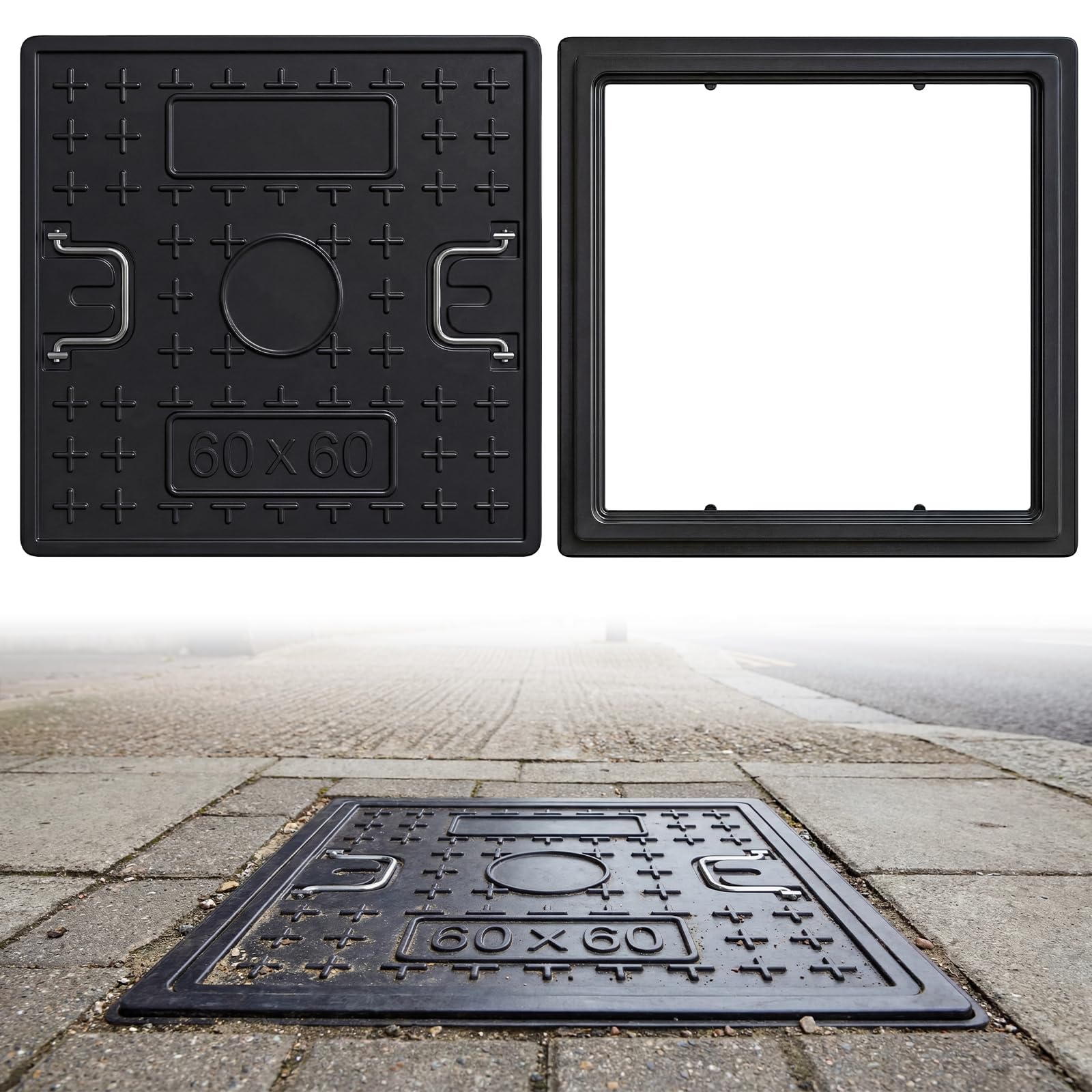 24"x24" Solid Square Septic Tank Lid and Base, 1.5T Load-Bearing Manhole Cover and Frame with Handles, Reinforced Manhole Cover for Yard Lawn Garden Pavement, Black