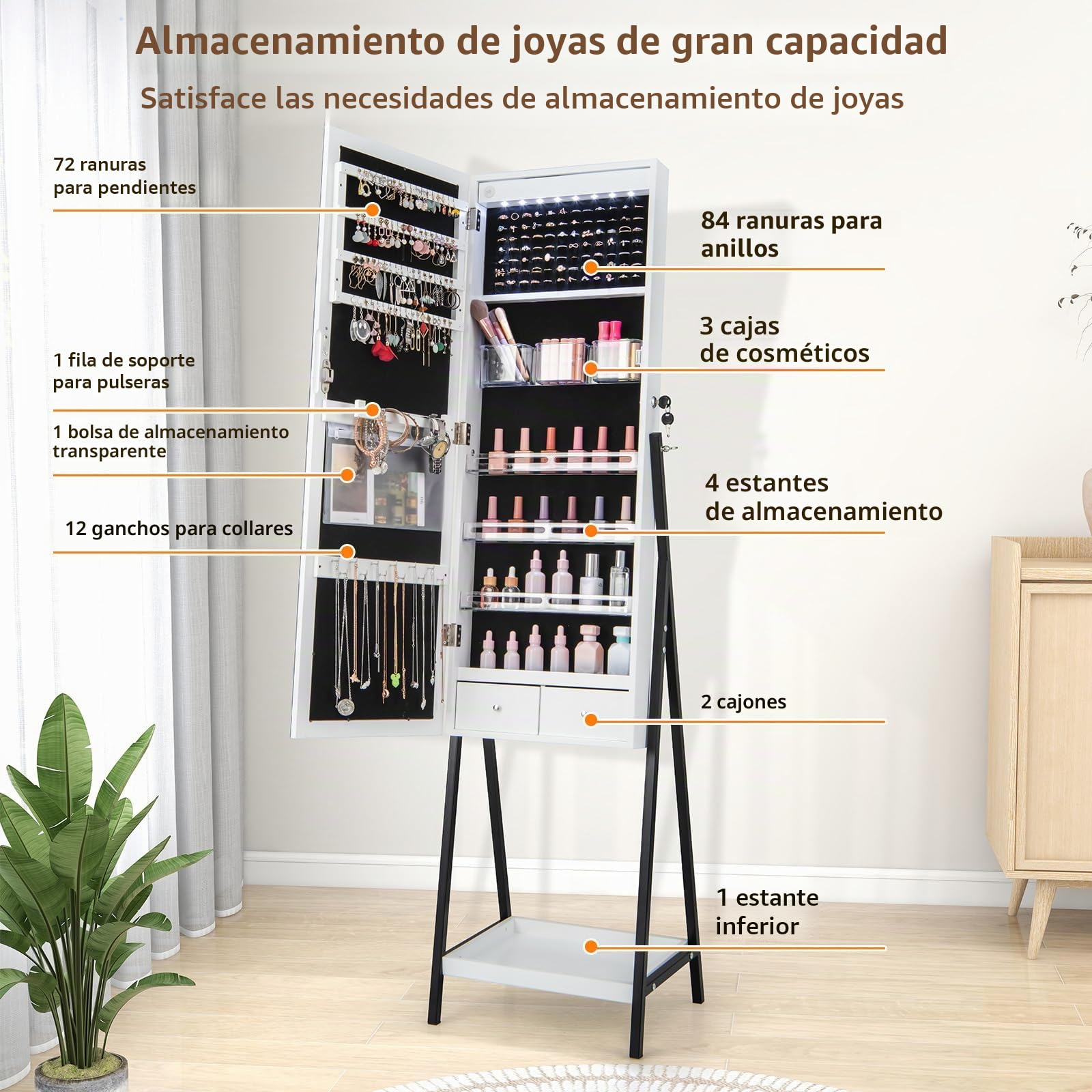 GOPLUS Espejo Joyero con Cerradura y Luz LED de 3 Colores